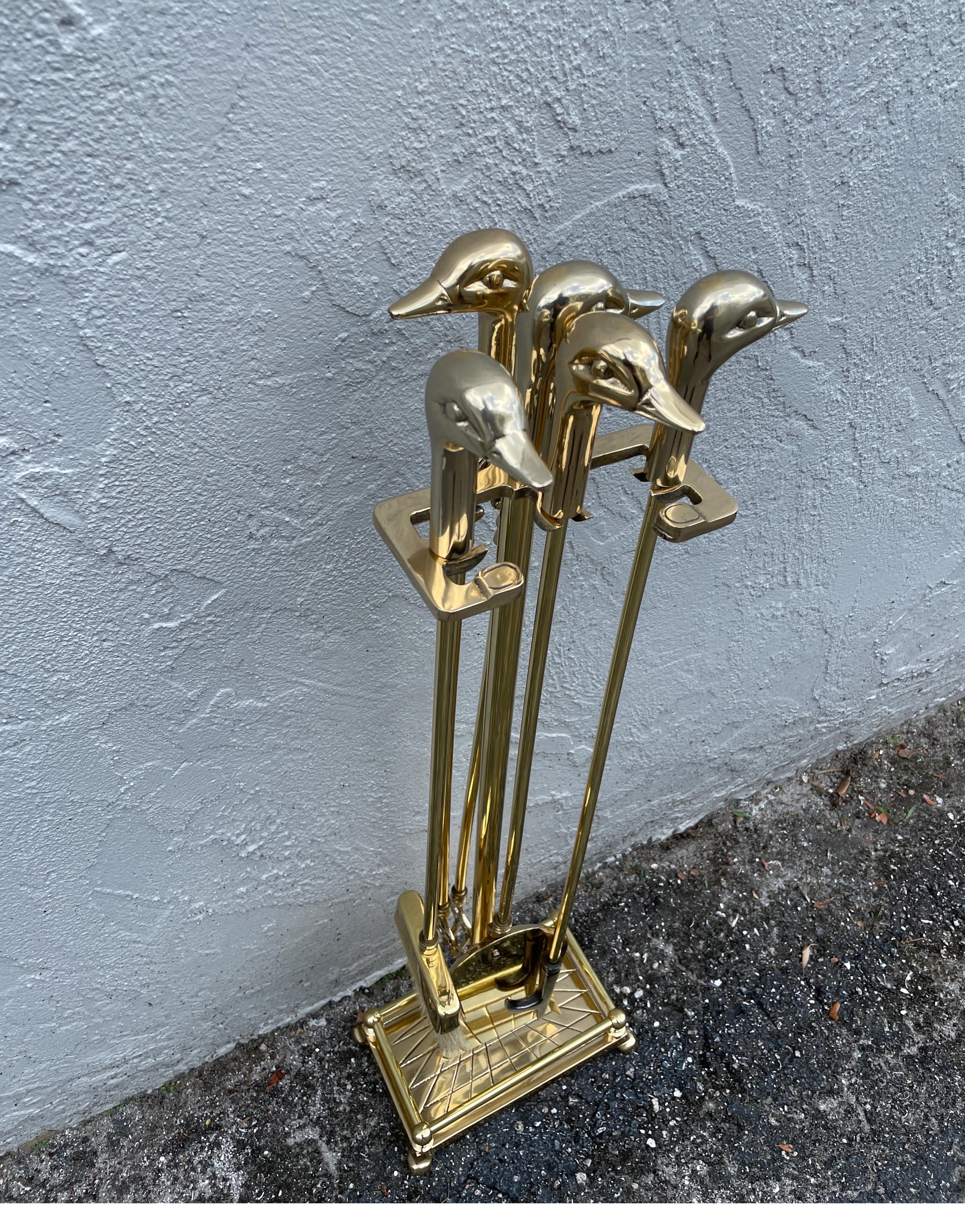 Solid Brass Fireplace Tools with Duck Heads In Good Condition For Sale In West Palm Beach, FL