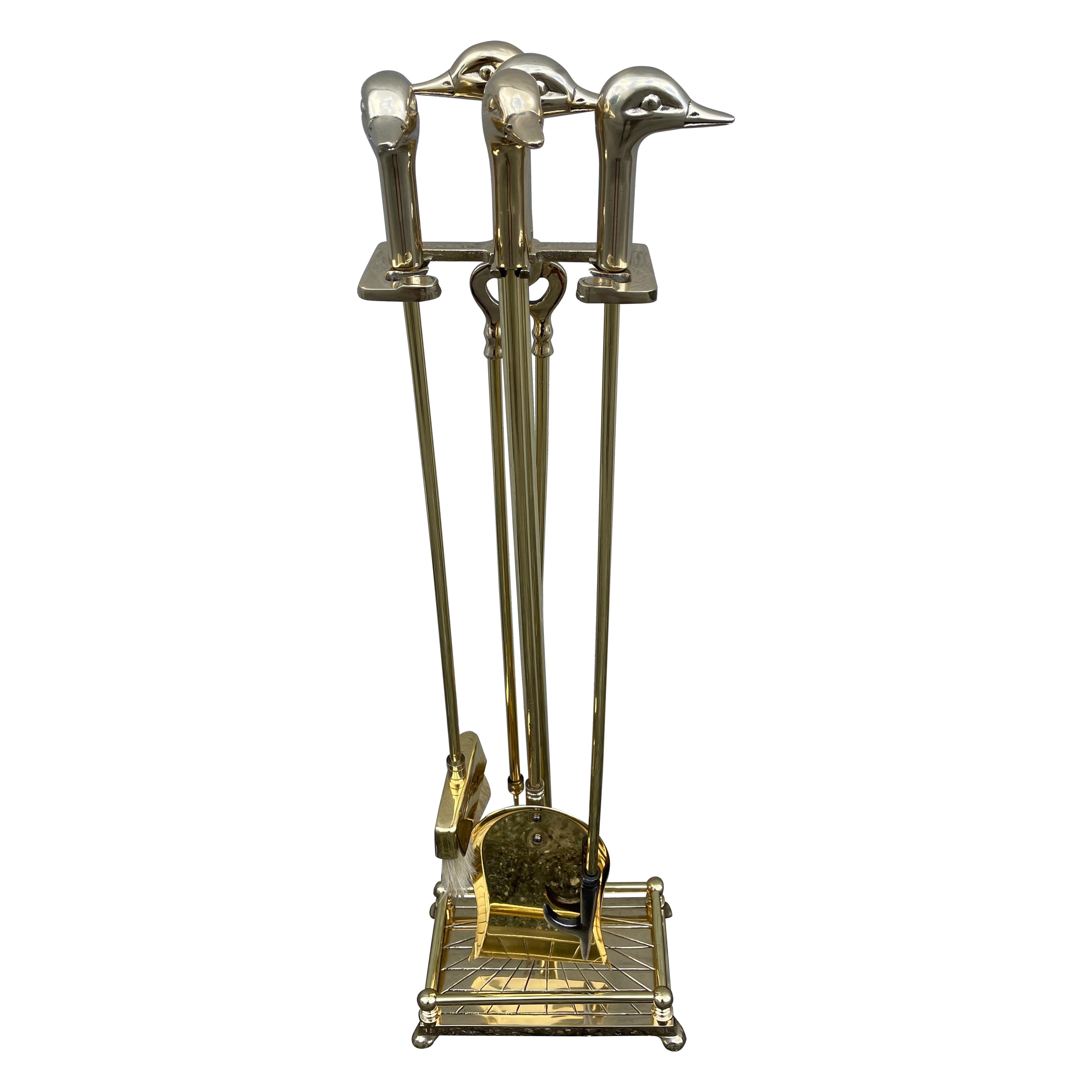 Solid Brass Fireplace Tools with Duck Heads For Sale