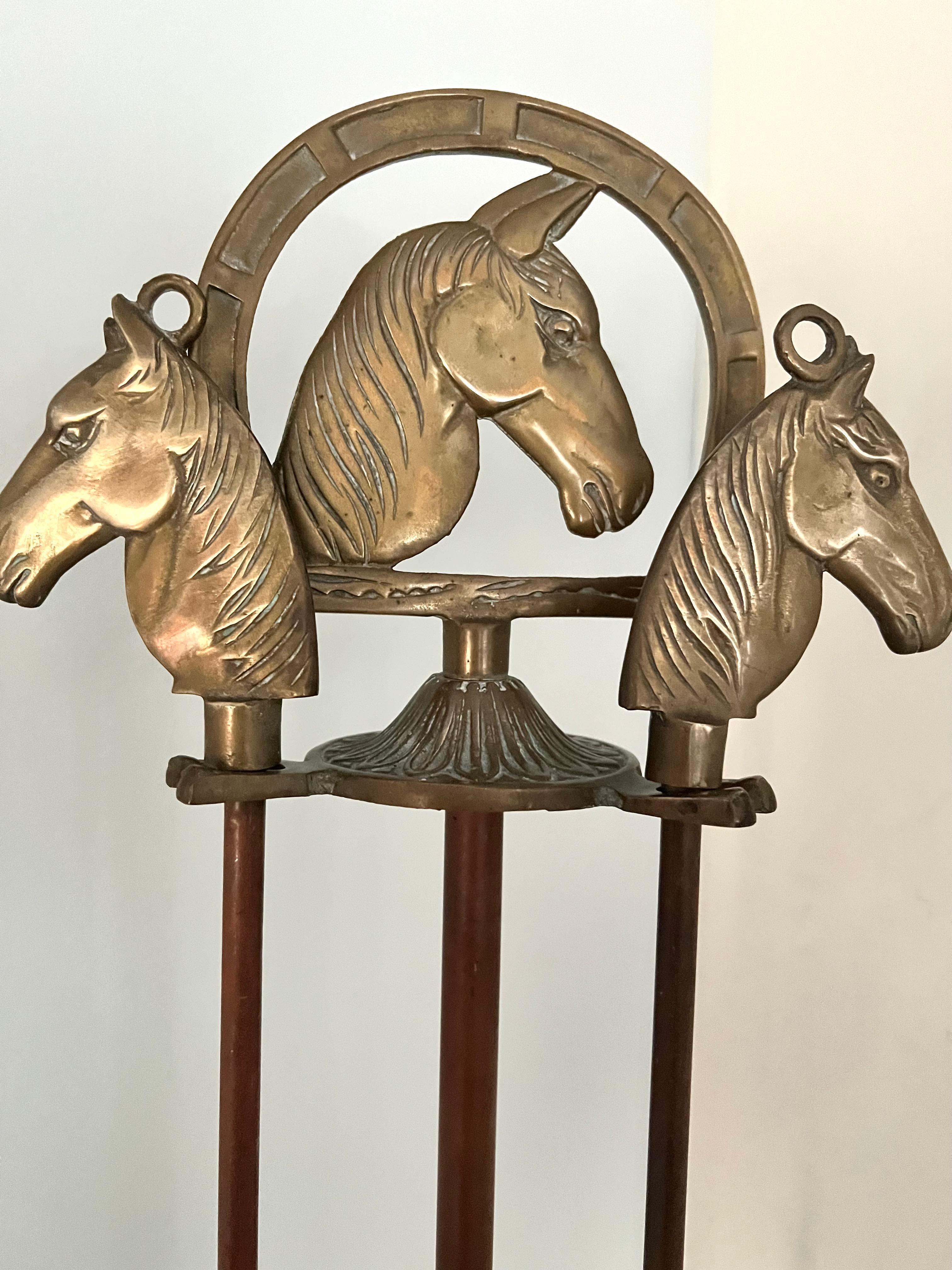 Solid Brass Fireplace Tools with Horse Head Handles and Stand For Sale 1