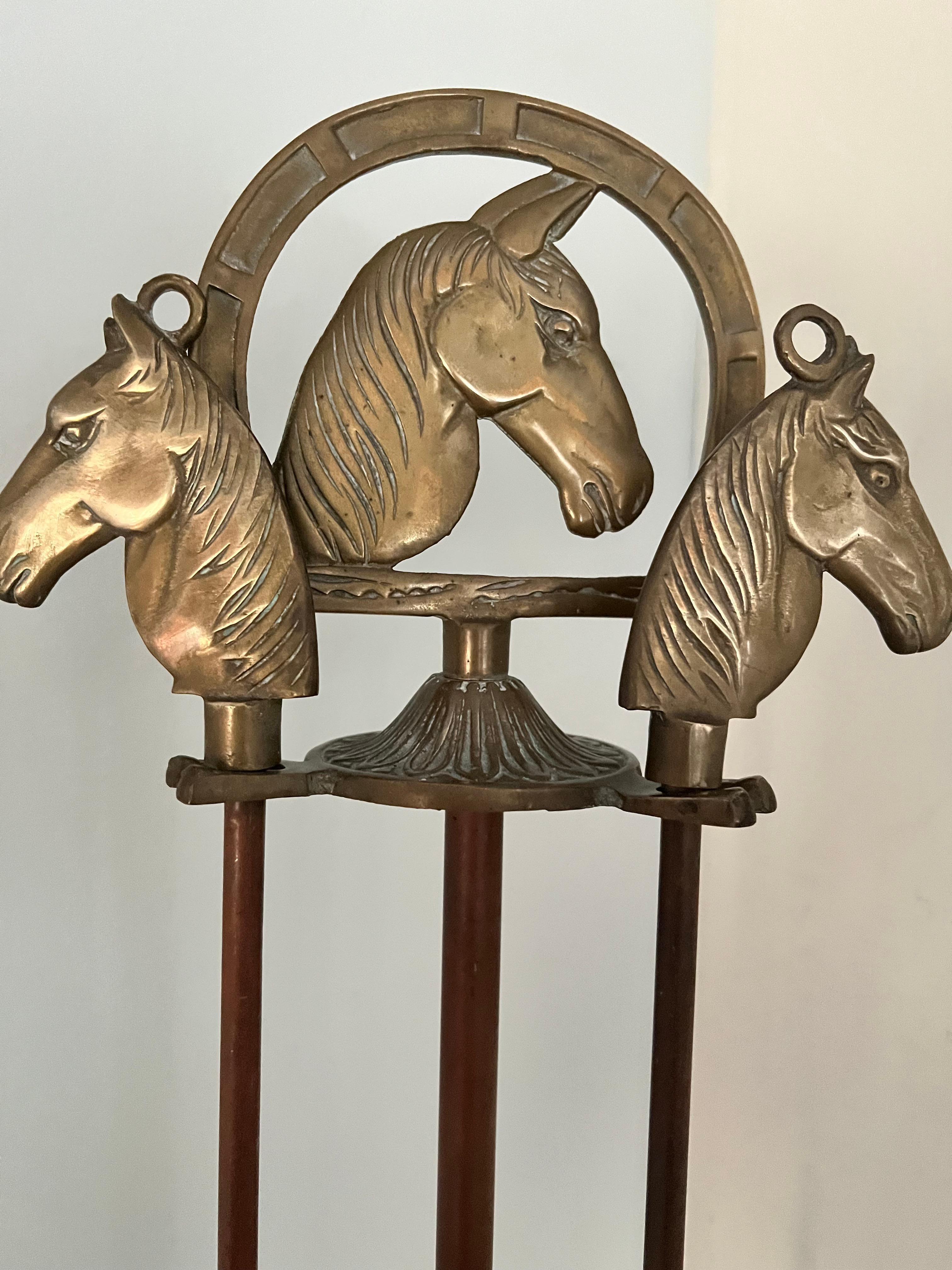 Solid Brass Fireplace Tools with Horse Head Handles and Stand For Sale 2