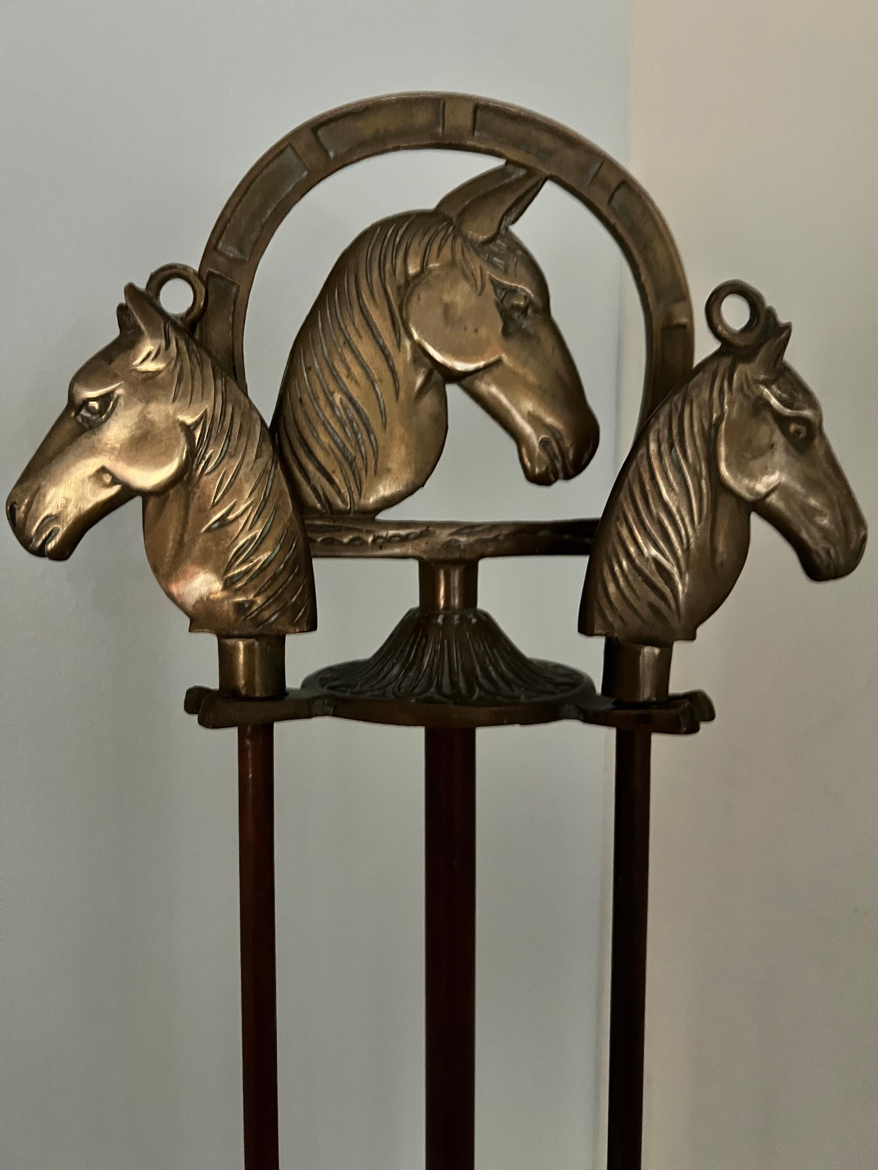 Solid Brass Fireplace Tools with Horse Head Handles and Stand For Sale 5