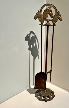 Solid Brass Fireplace Tools with Horse Head Handles and Stand