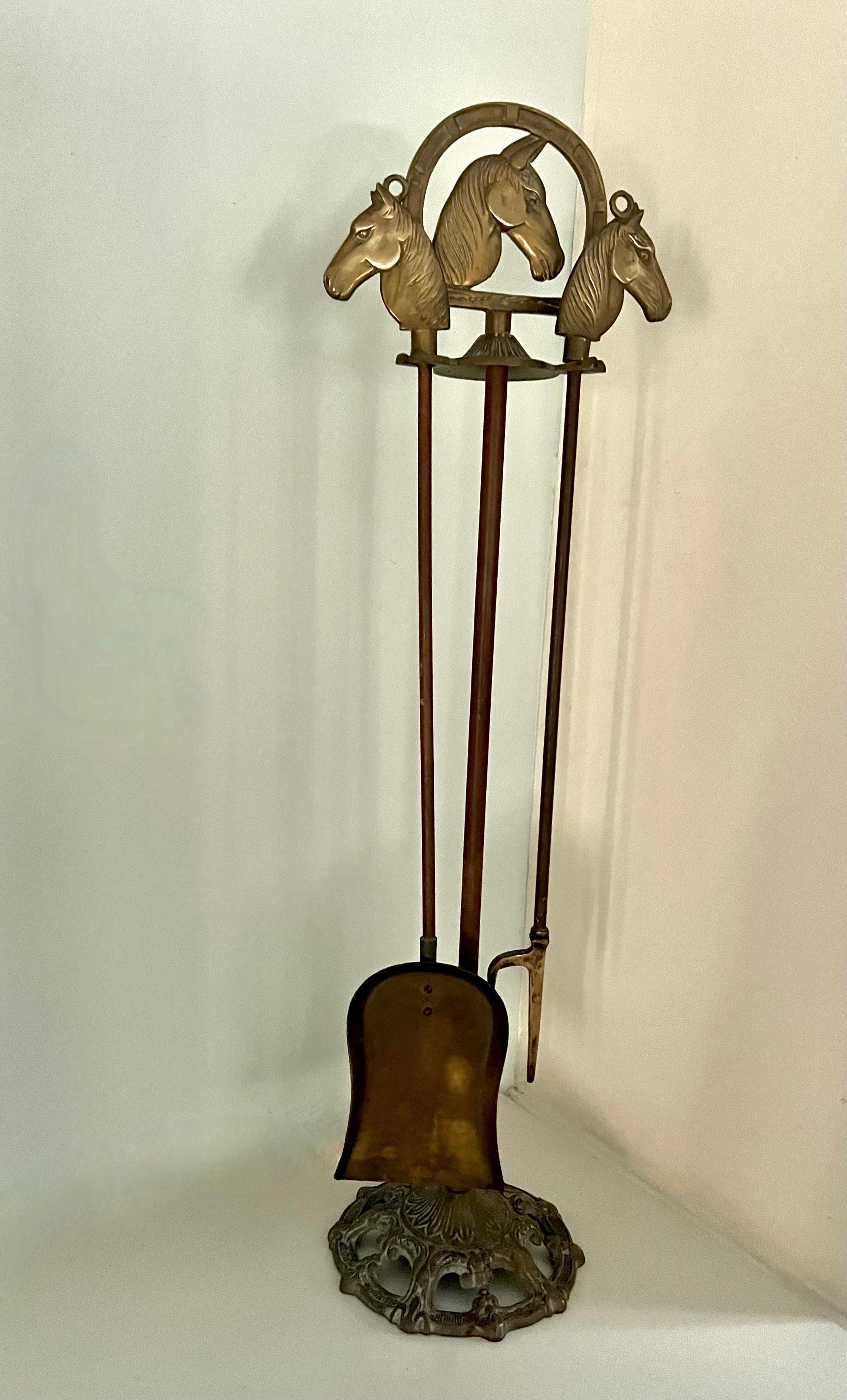 20th Century Solid Brass Fireplace Tools with Horse Head Handles and Stand For Sale
