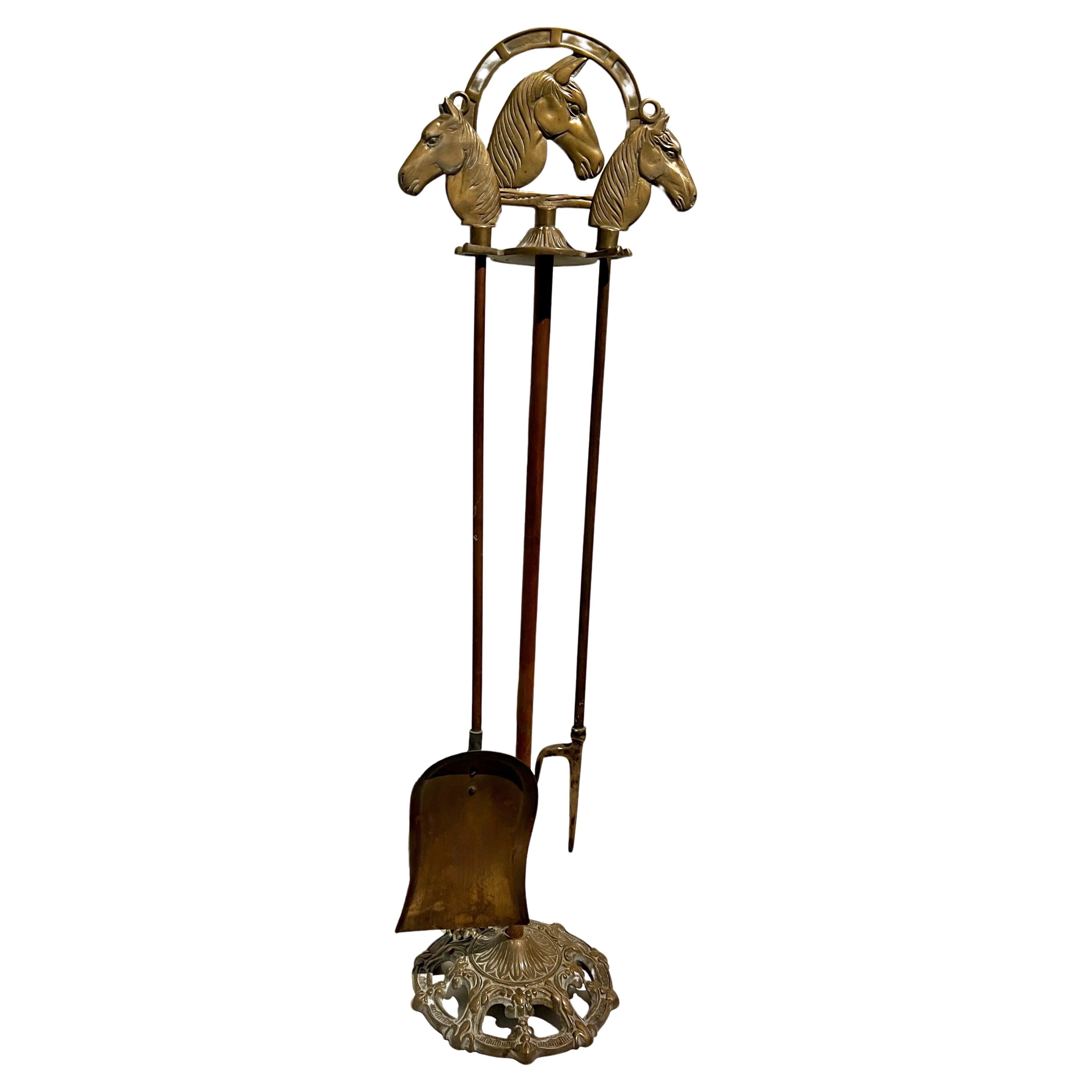 Solid Brass Fireplace Tools with Horse Head Handles and Stand For Sale