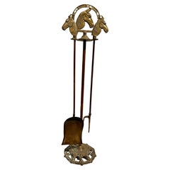Used Solid Brass Fireplace Tools with Horse Head Handles and Stand