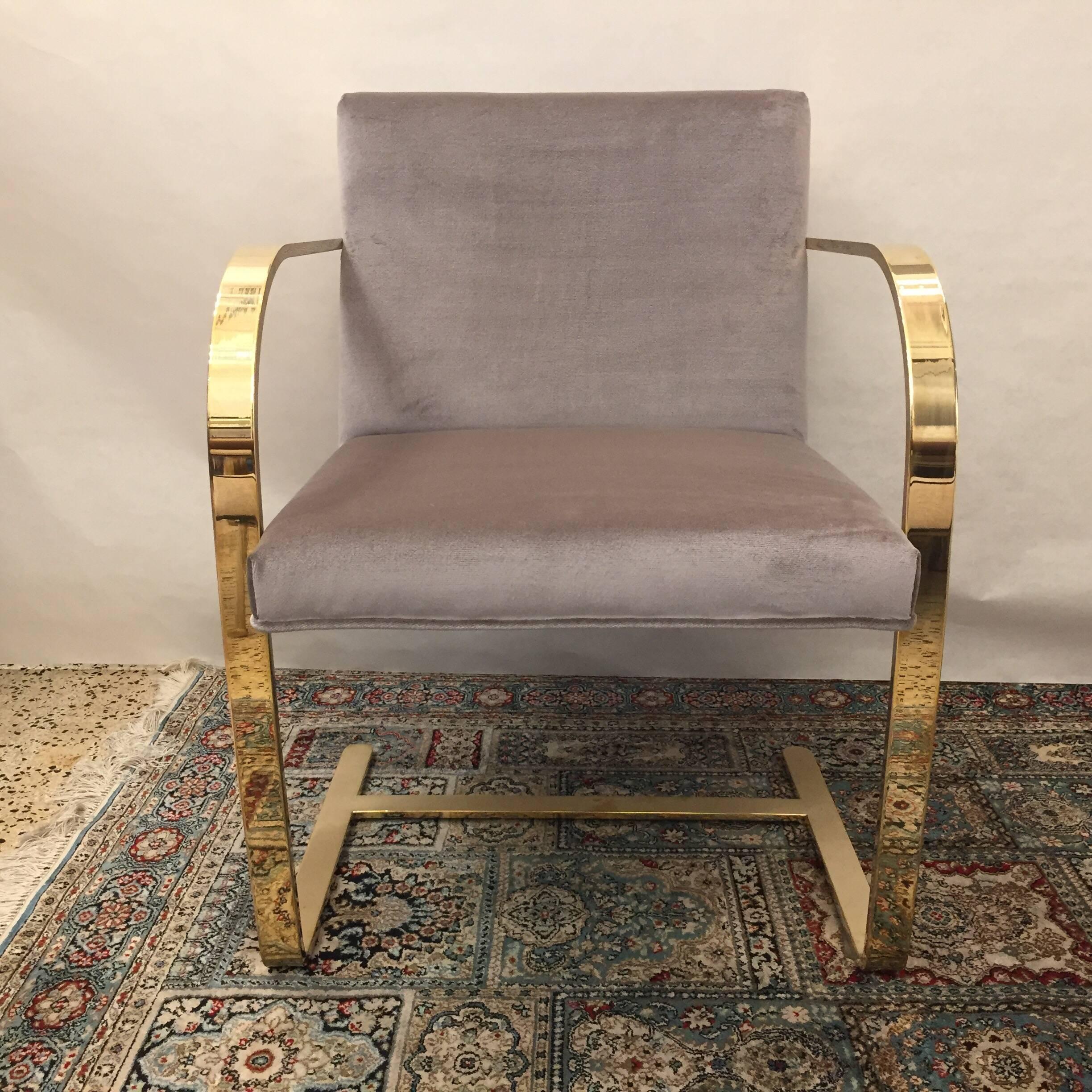 Beautifully polished solid brass flat bar chair for Knoll designed by Mies Van der Rohe. Italian grey mohair velvet upholstery.