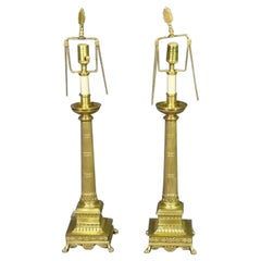 Solid Brass French Regency Fluted Column Lamps with Paw Feet and Anthemia, Pair