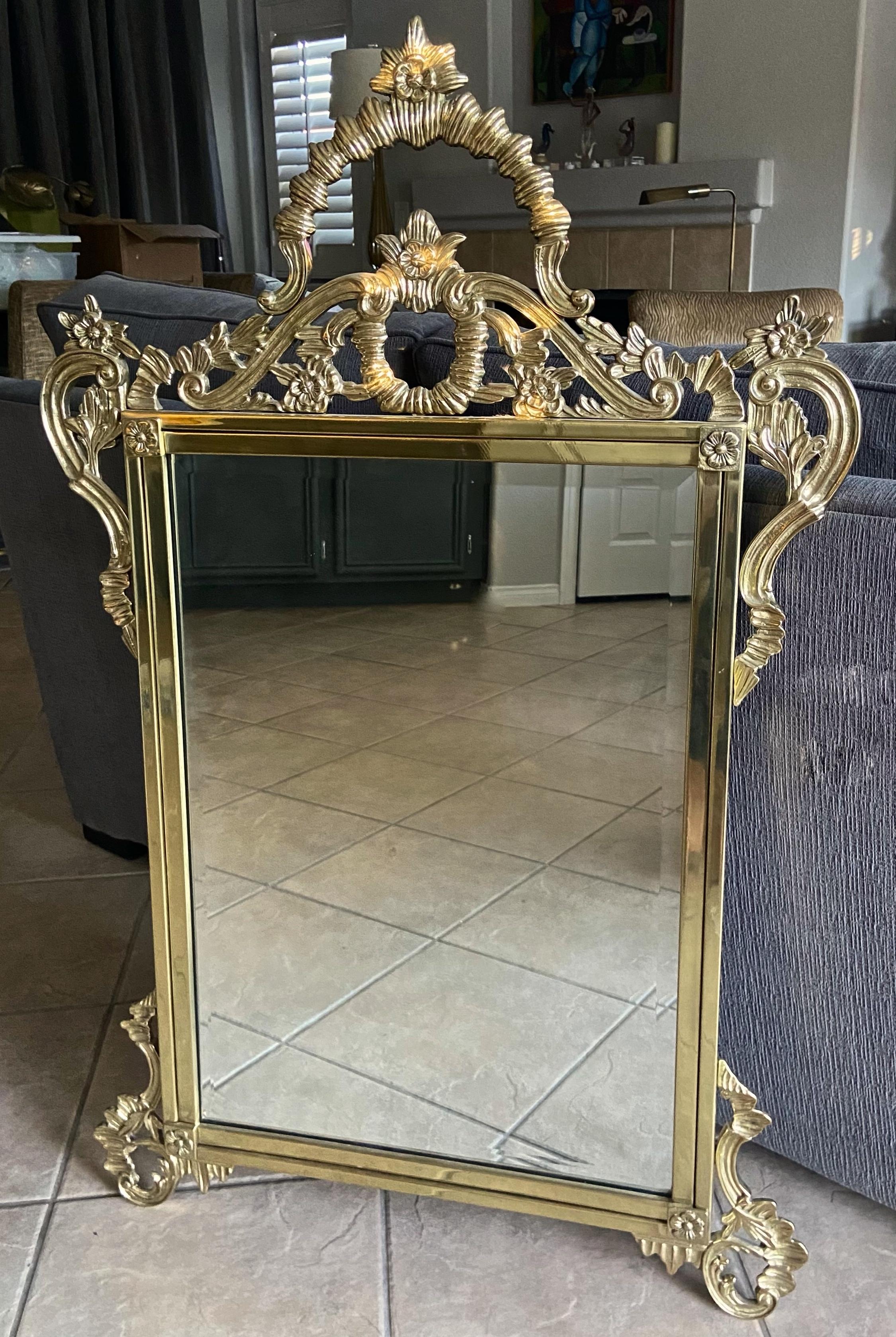 Mid-20th Century Solid Brass French Rococo Wall Mirror For Sale