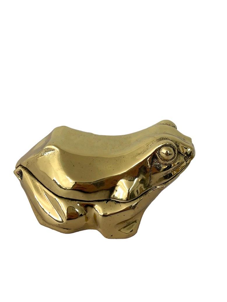 Solid brass Mid-Century Modern lidded trinket box in the shape of a frog.