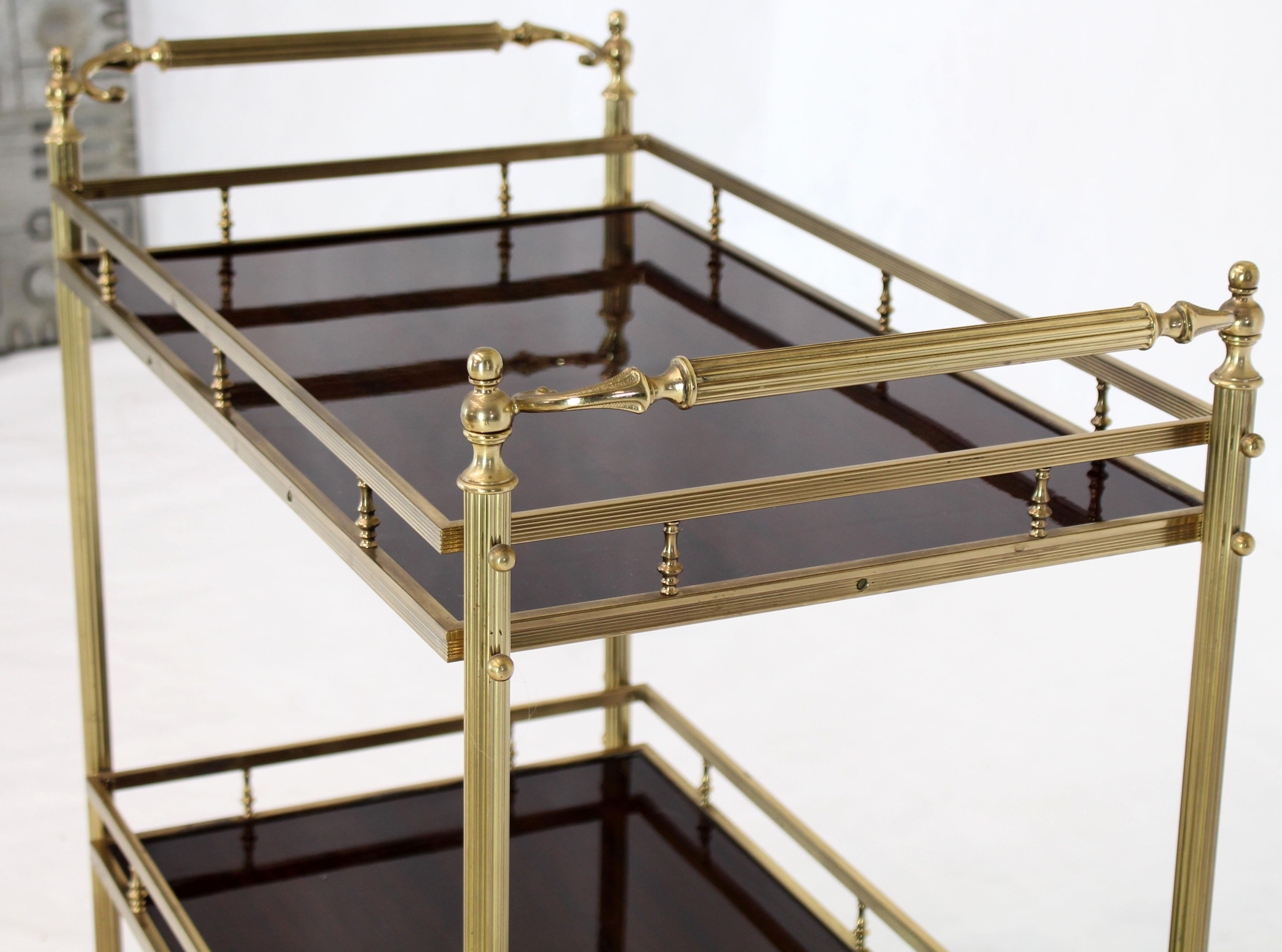 Fine solid brass and mahogany double handled serving car table. Nice brass gallery around the perimeters of the both levels. Aldo Tura details and mahogany panels finish quality.