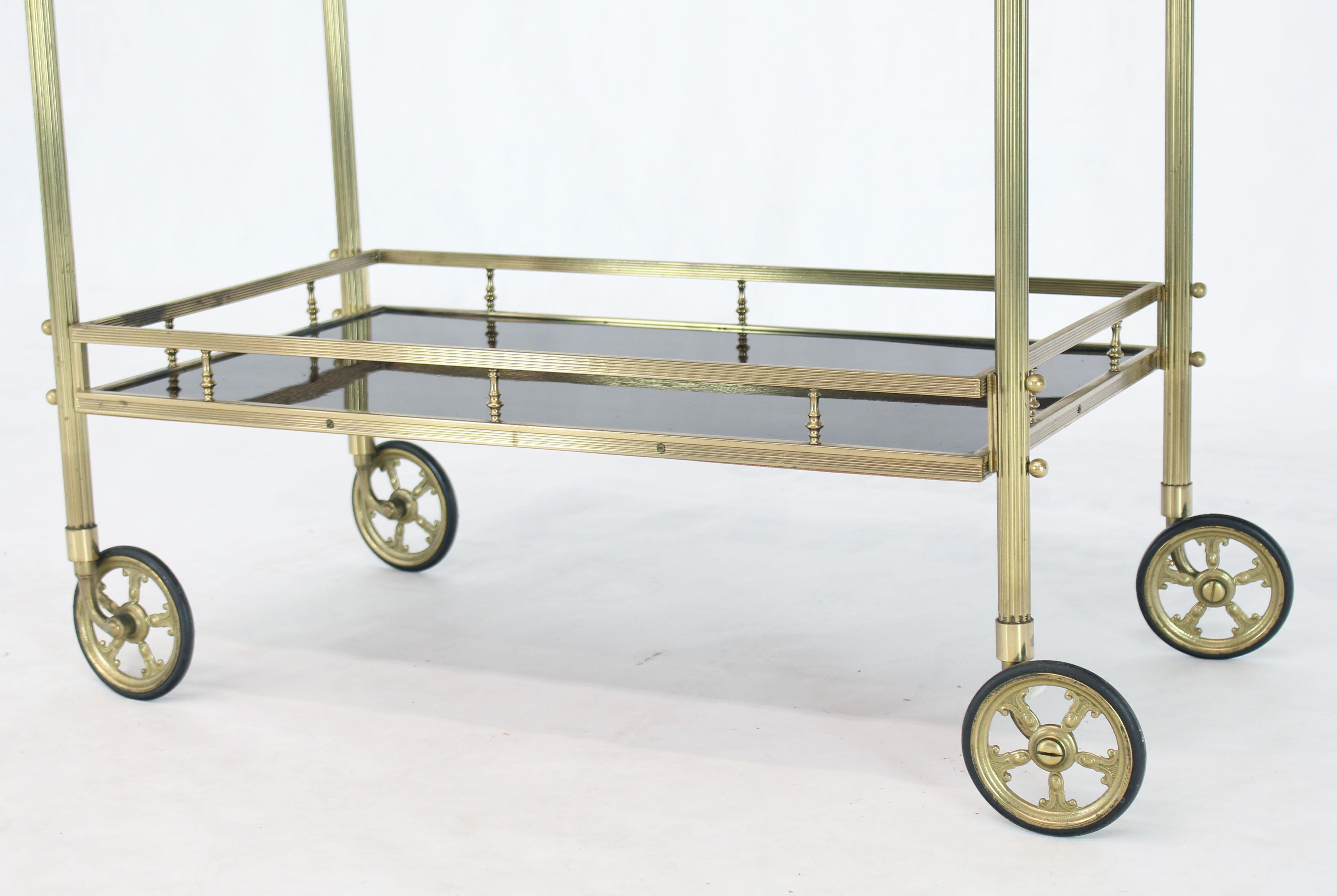 Mid-Century Modern Solid Brass Gallery Lacquered Mahogany Two Tier Serving Cart Bar Table