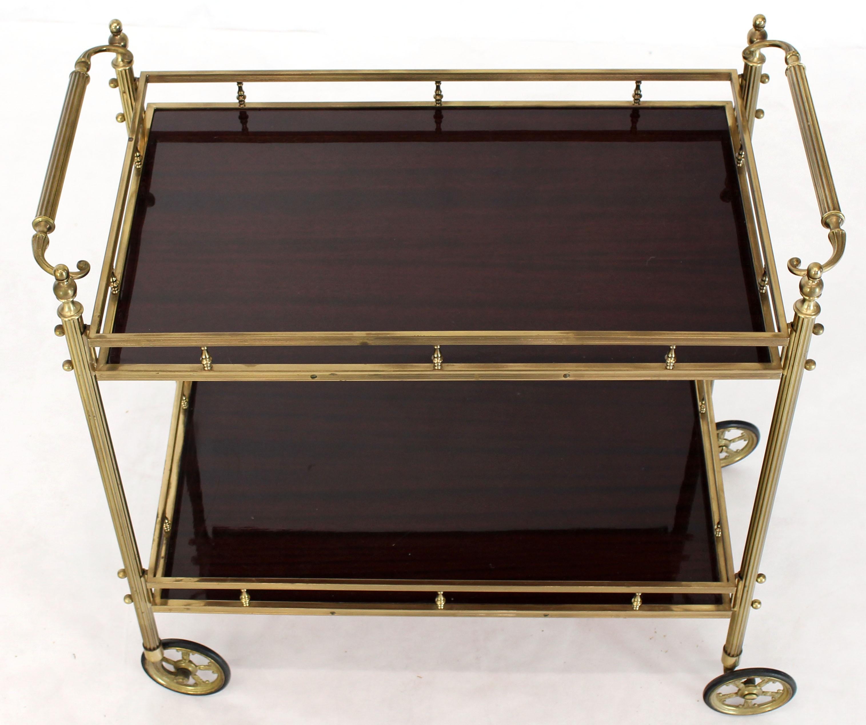 Italian Solid Brass Gallery Lacquered Mahogany Two Tier Serving Cart Bar Table