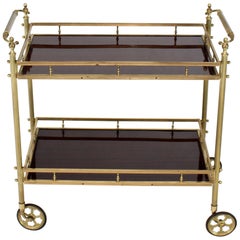 Vintage Solid Brass Gallery Lacquered Mahogany Two Tier Serving Cart Bar Table