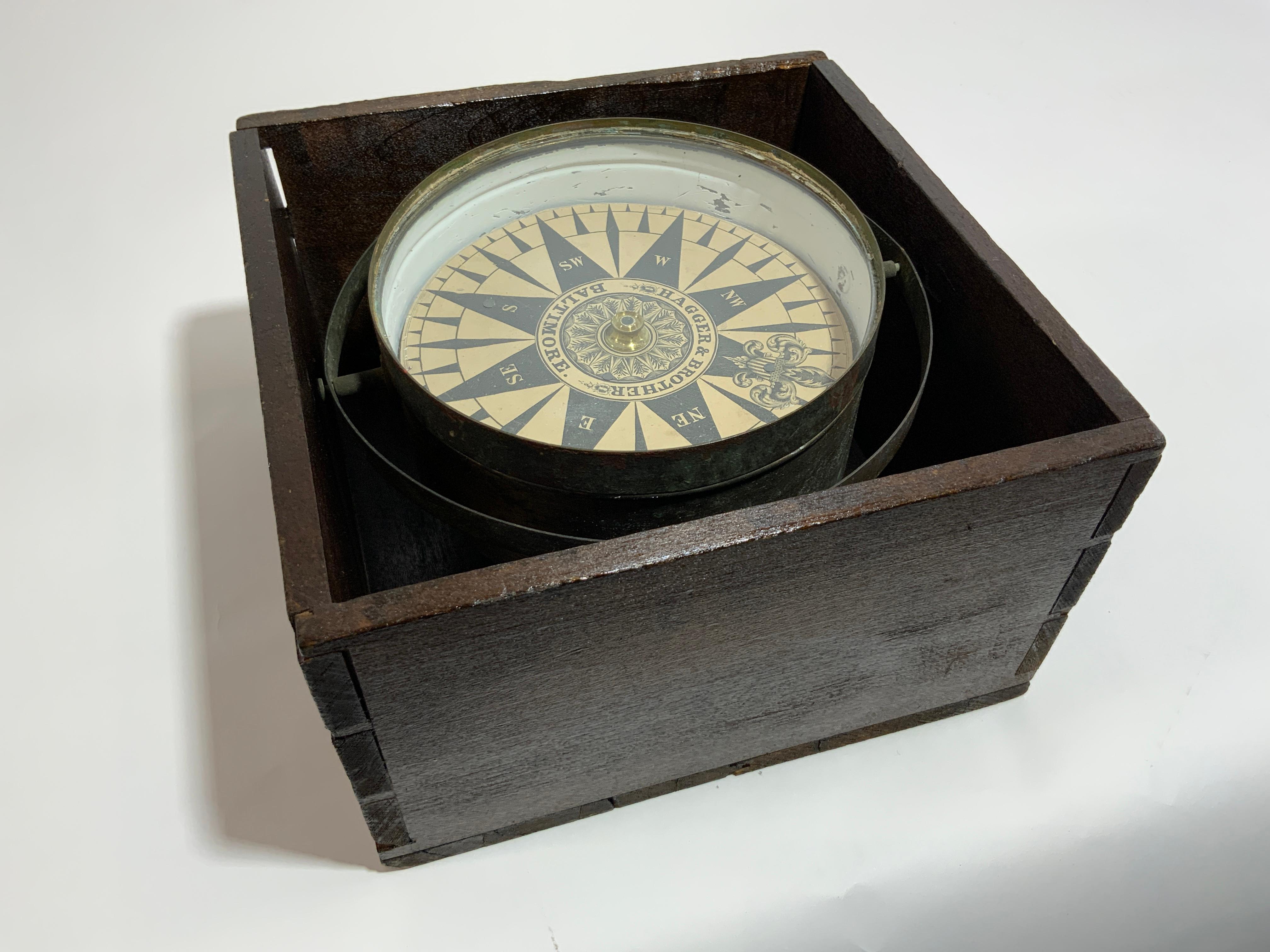 Nineteenth century ships compass by Hagger & Brother of Baltimore, Maryland. Seven inch brass bowl with gimbal. Very fine compass card marked with a large fleur-de-lis pointing north. Working condition. Fitted to a timber box. Circa 1850.

Overall