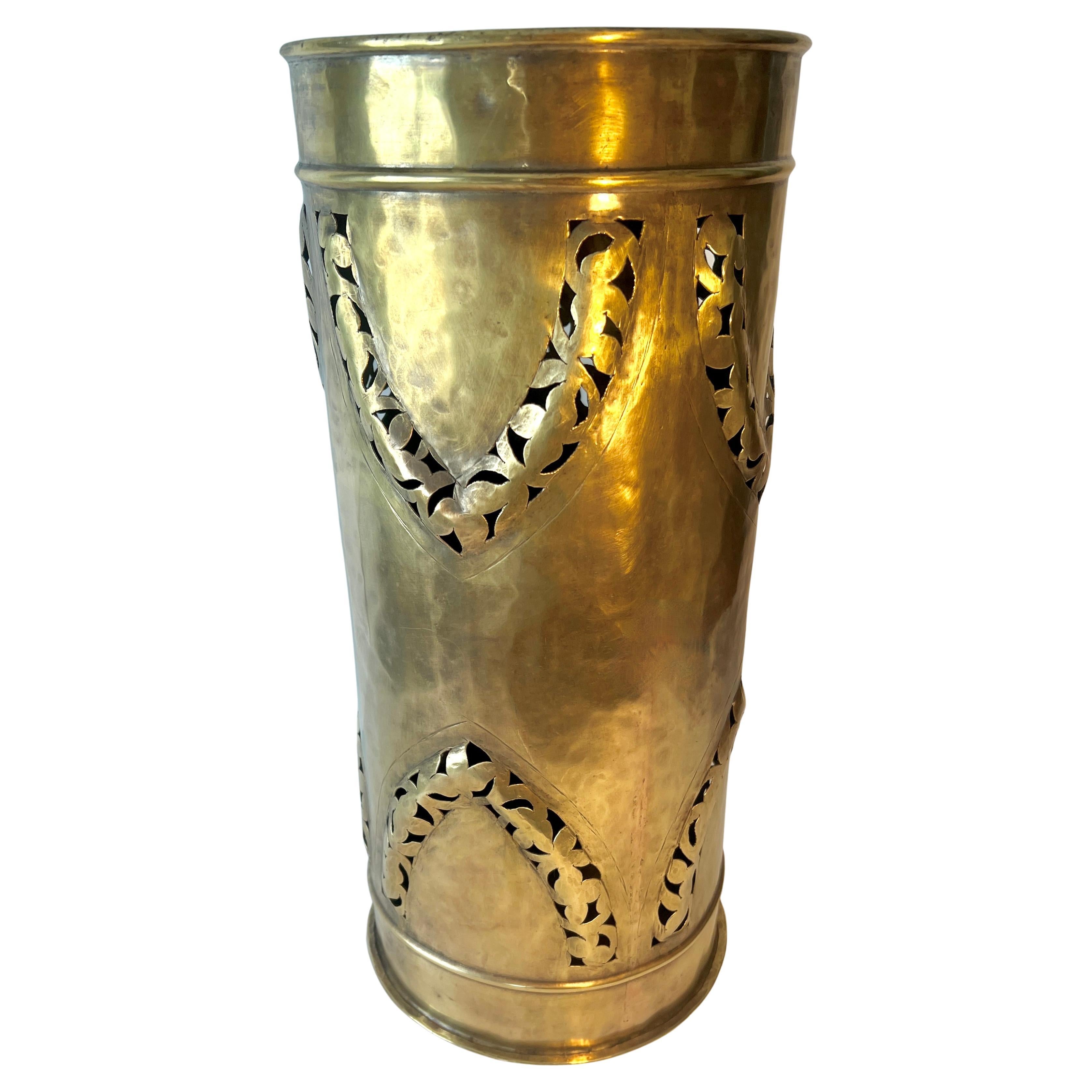 Solid Brass Hand Crafted Umbrella Stand with Decorative Cutouts For Sale
