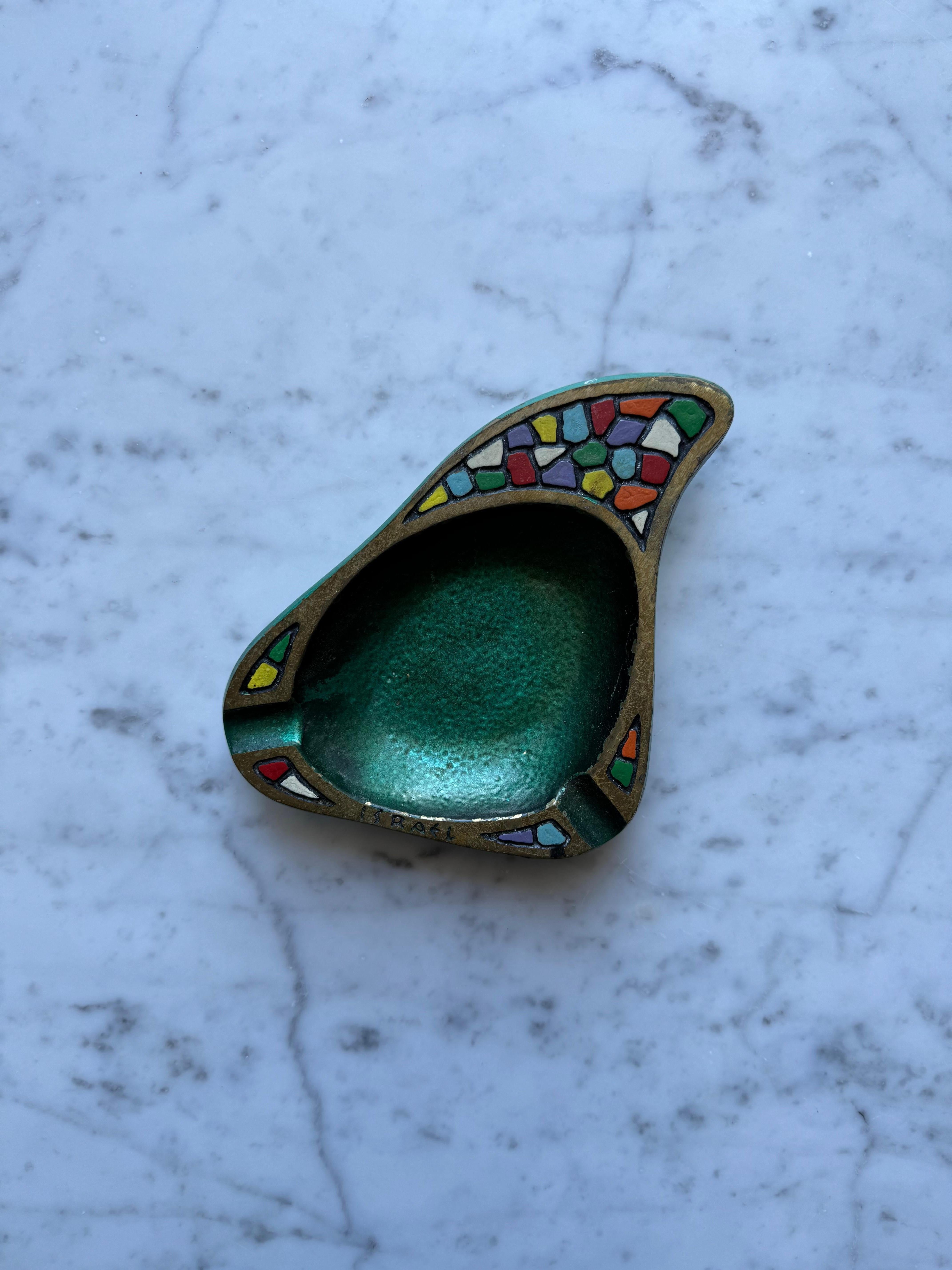 Mid-Century Modern Solid Brass Hand Painted Ashtray By Dayagi, Israel 1960s For Sale