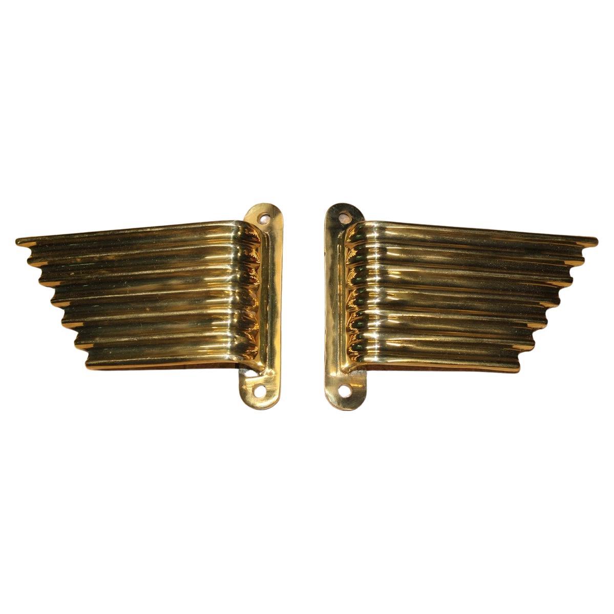 Solid Brass Handles Italy 1950 Mid-Century Wings Futurist Minimalist Gold For Sale
