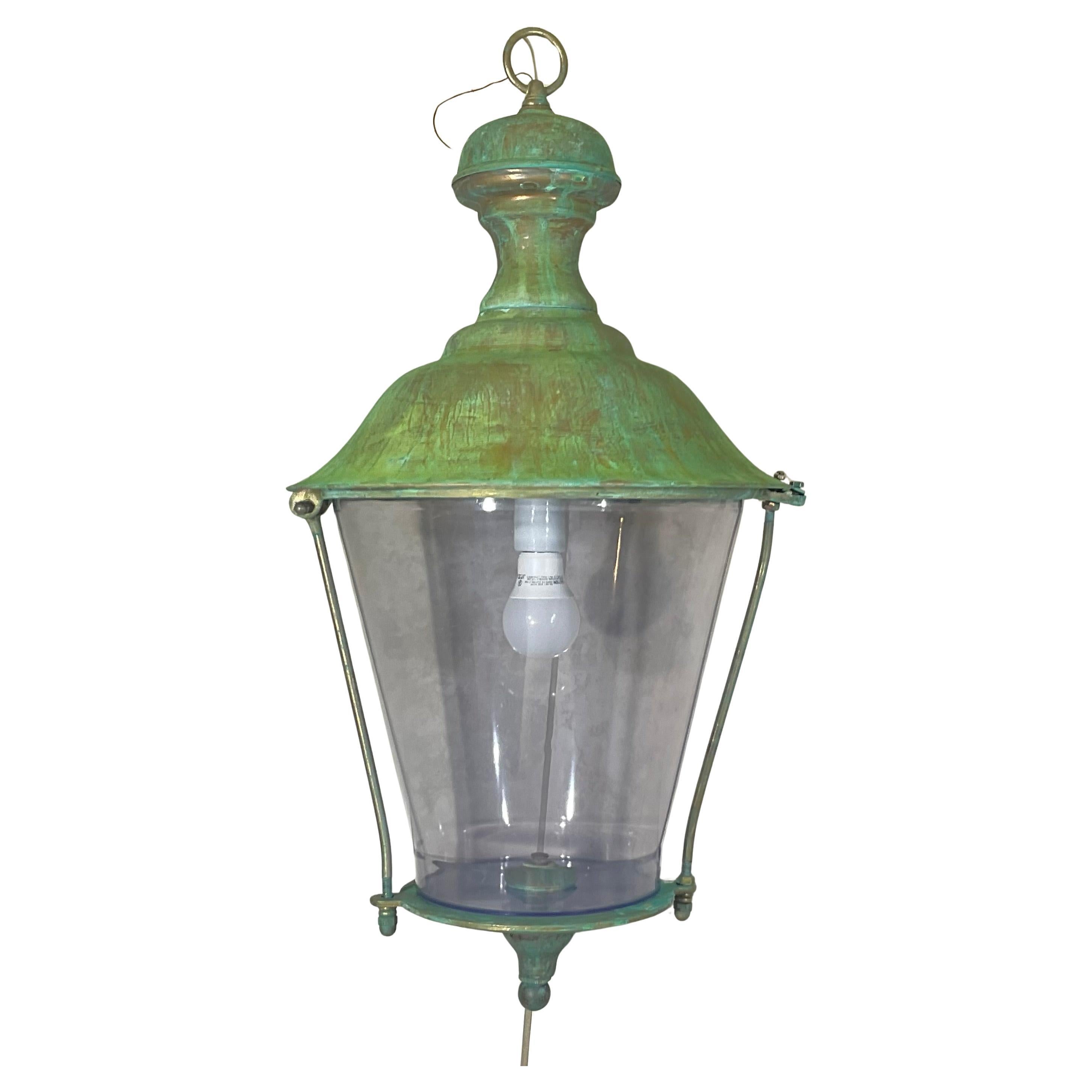 Hand-Crafted Solid Brass Hanging Lantern with Verdigris Patina, 28” H