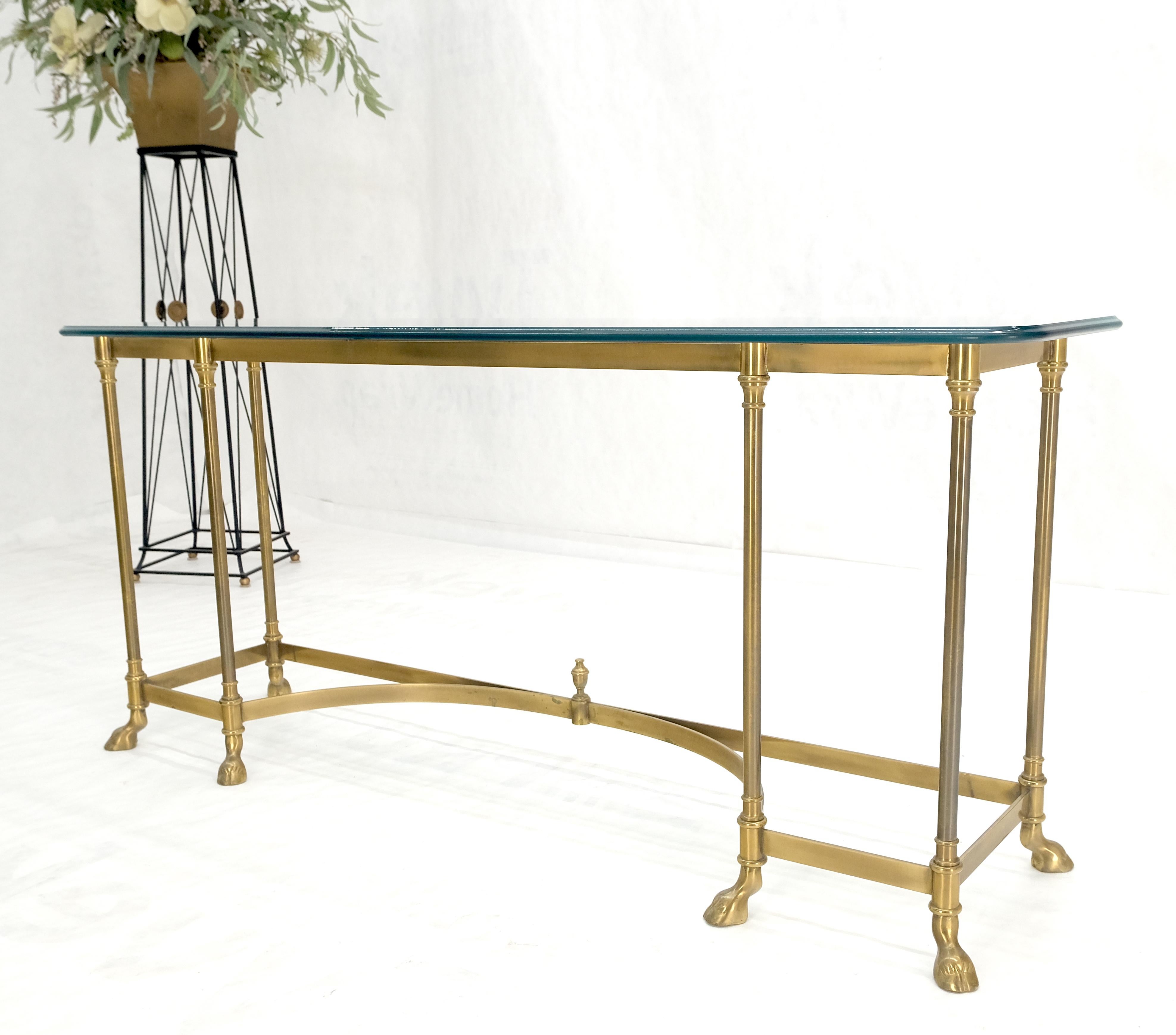 Italian Solid Brass Hoof Feet Beveled Glass Top Console Sofa Dressing Vanity Table MINT! For Sale