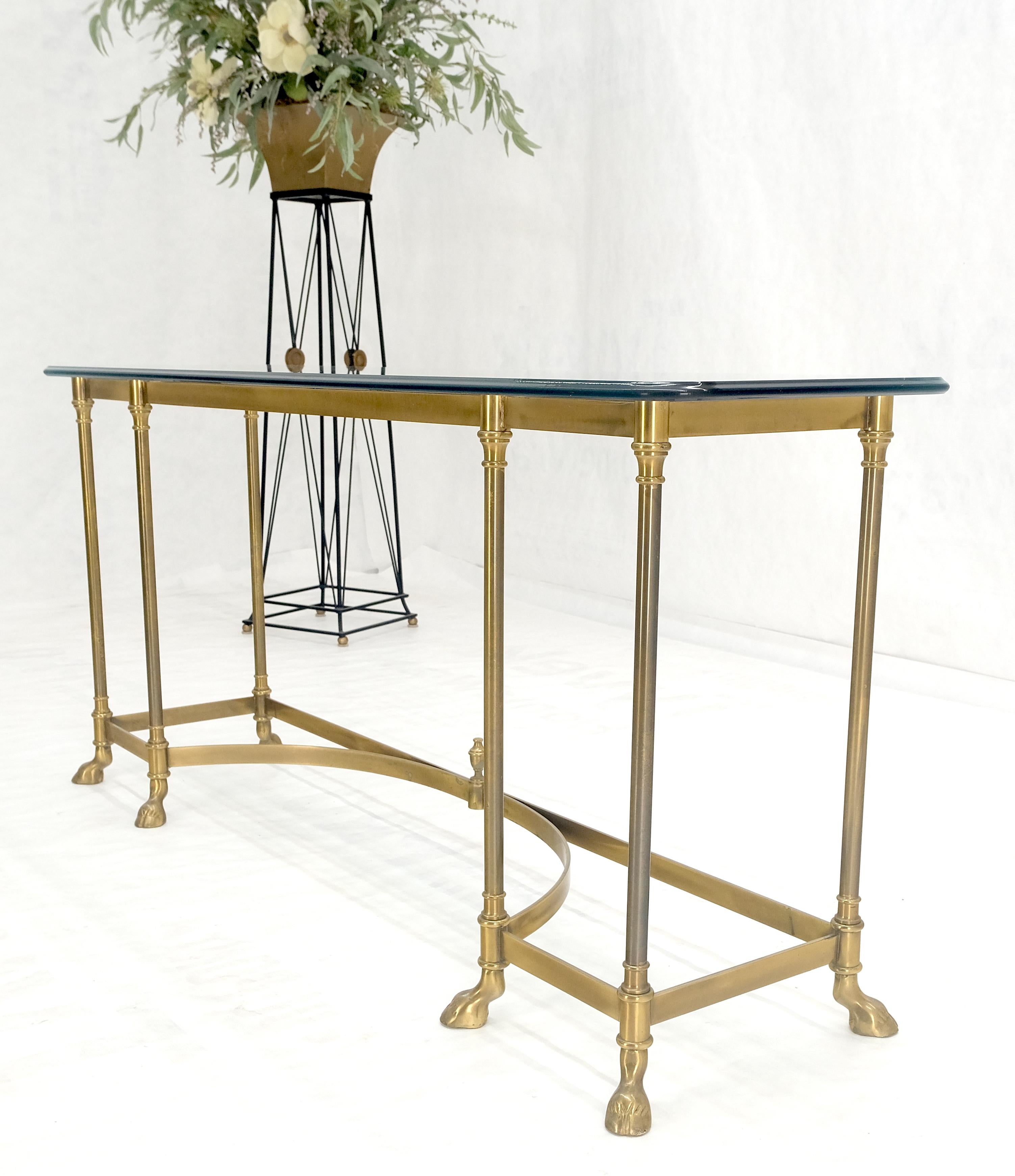 20th Century Solid Brass Hoof Feet Beveled Glass Top Console Sofa Dressing Vanity Table MINT! For Sale