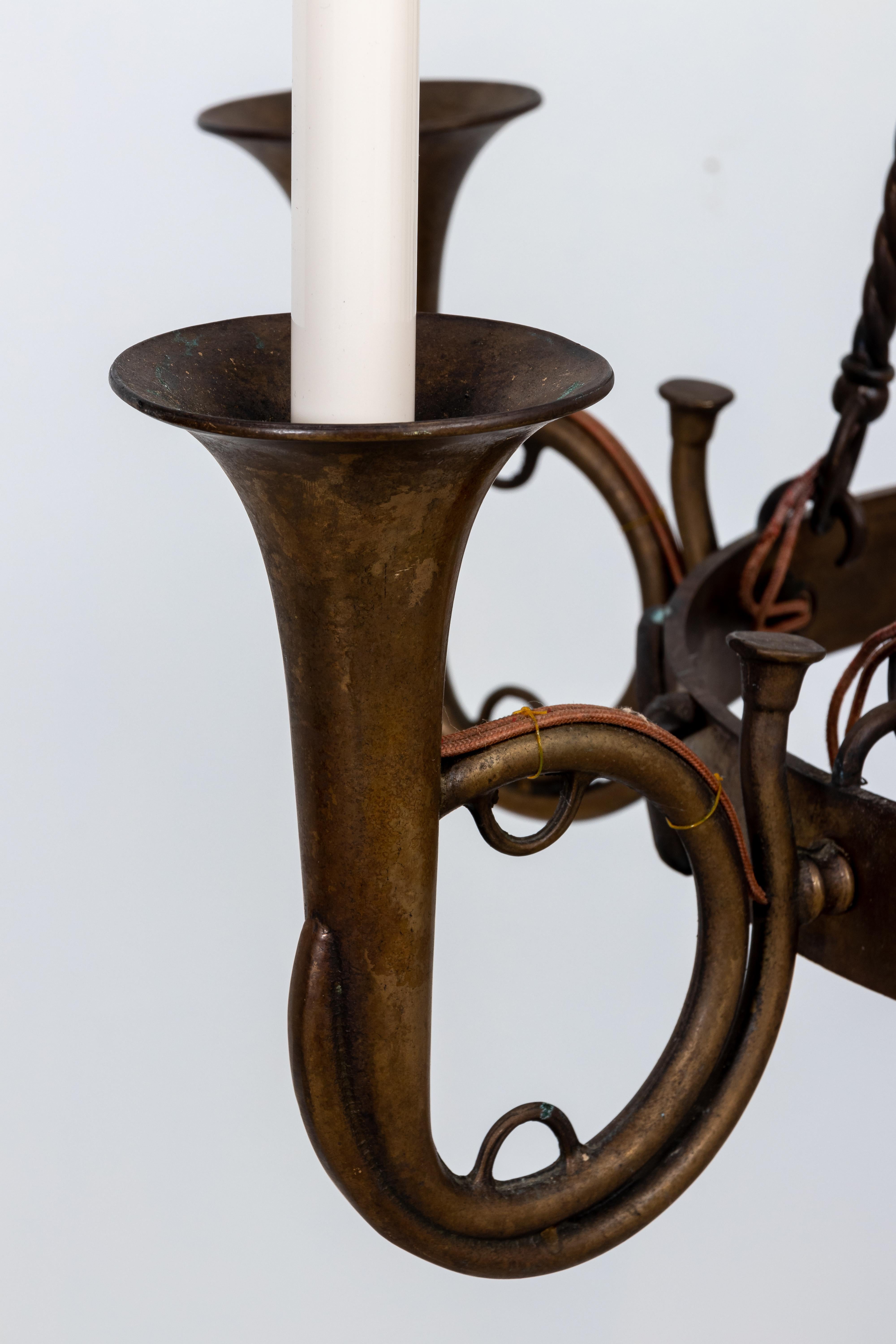 20th Century Solid Brass Hunting Horn Chandelier