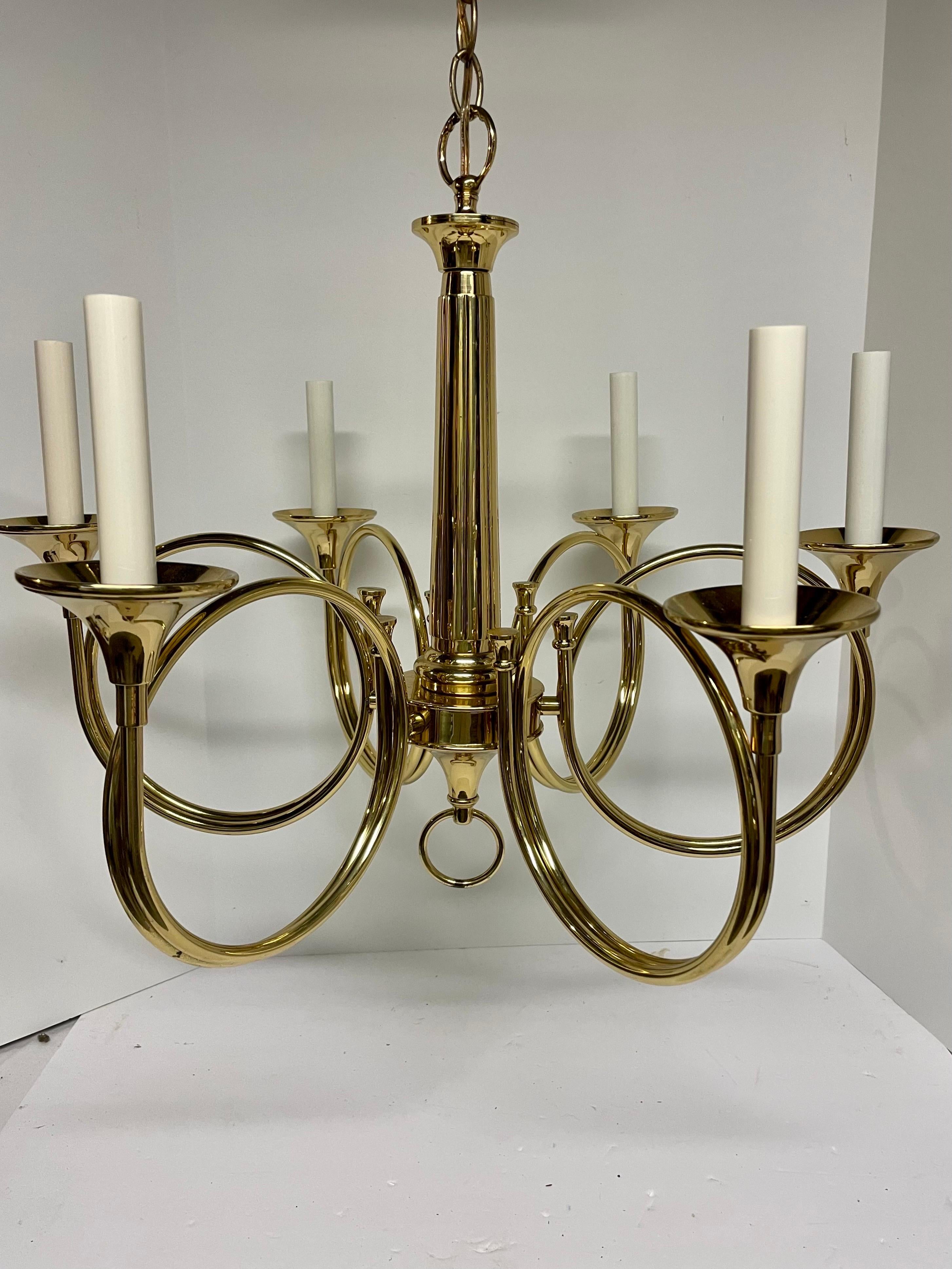 Hollywood Regency Solid Brass Hunting Horn Chandelier with Six Arms