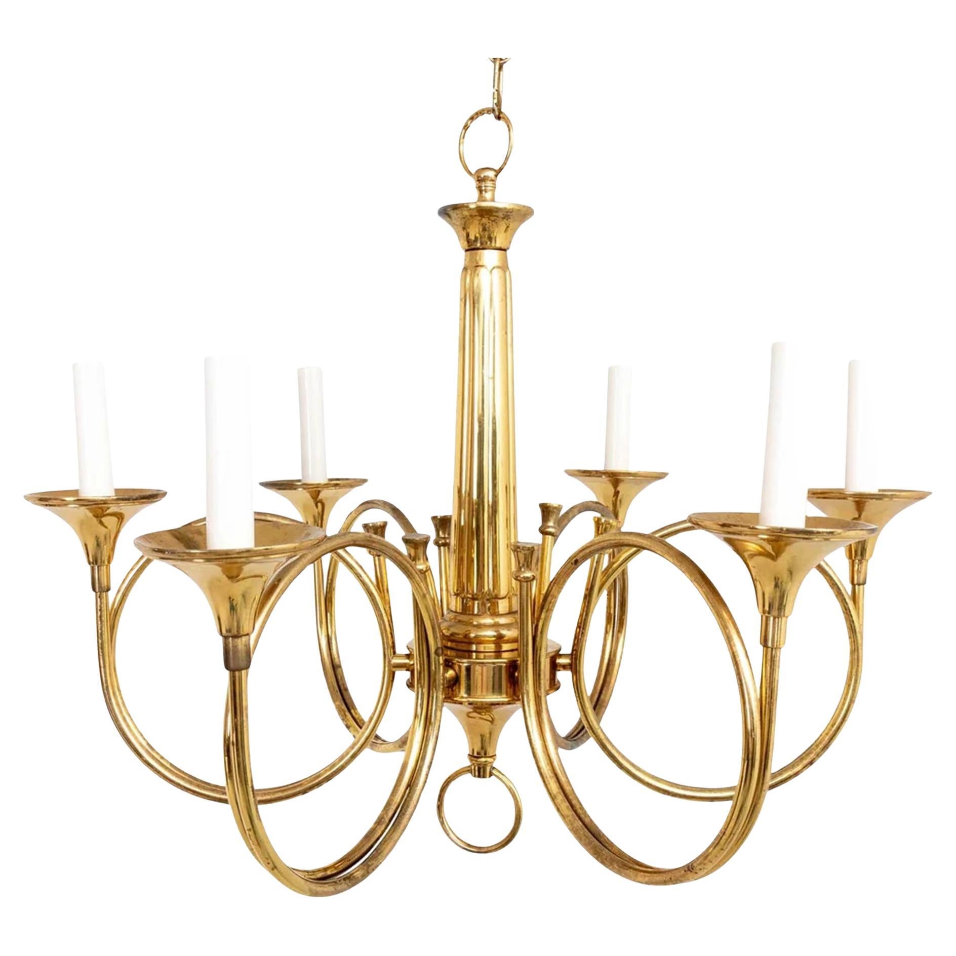 Solid Brass Hunting Horn Chandelier with Six Arms