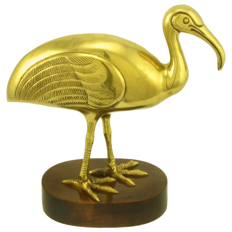 Solid Brass Ibis Atop Wood Base For Sale