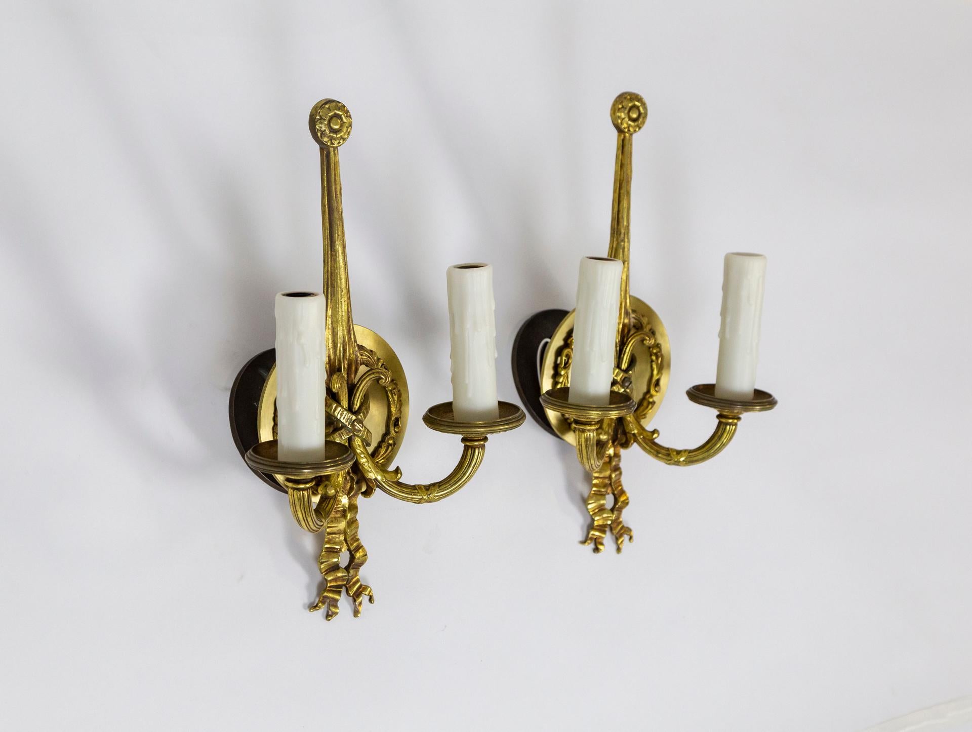 Louis XVI Solid Brass King Louis XIV Style 2-Light Sconces w/ Ribbon Detail 'Pair'