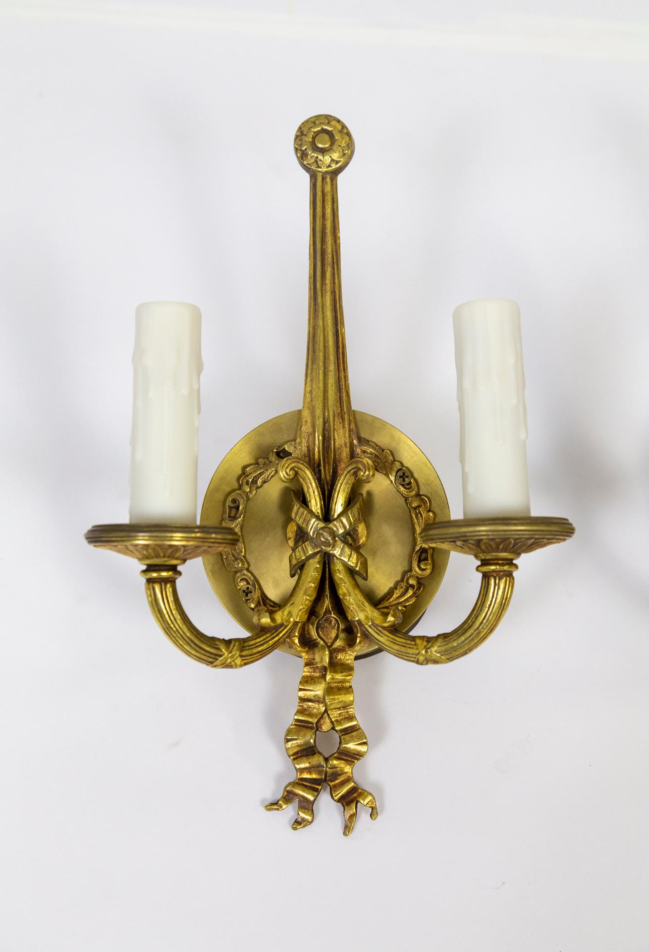 20th Century Solid Brass King Louis XIV Style 2-Light Sconces w/ Ribbon Detail 'Pair'