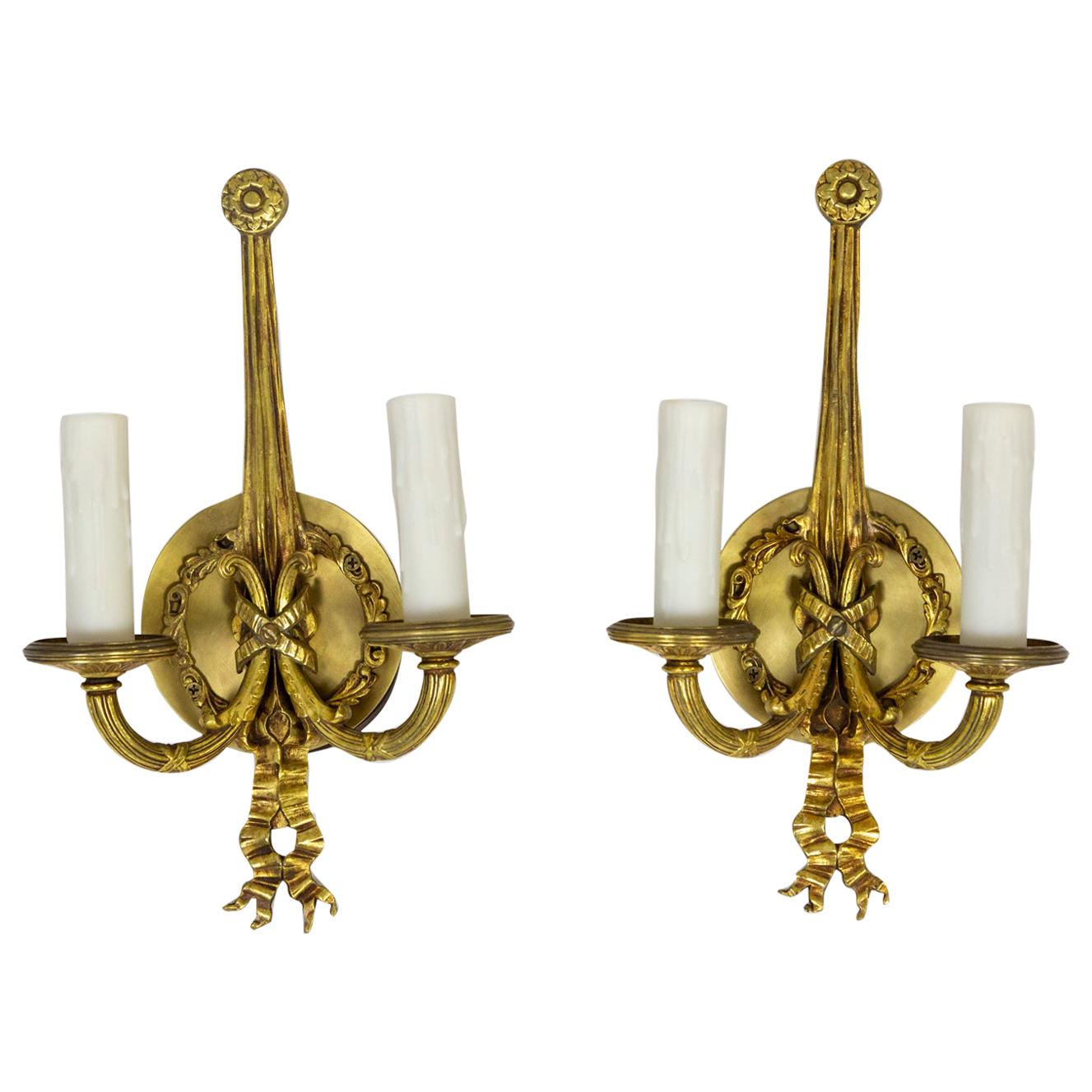 Solid Brass King Louis XIV Style 2-Light Sconces w/ Ribbon Detail 'Pair'