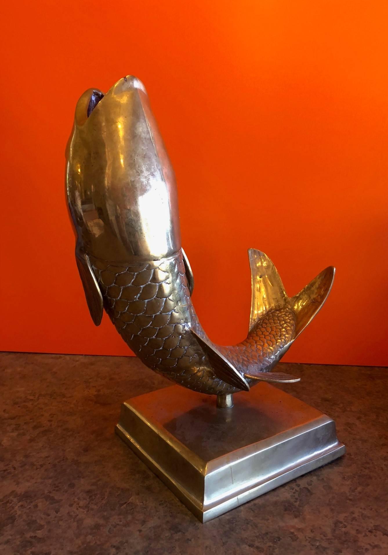 Mid-Century Modern Solid Brass Koi Fish on Base Sculpture or Vase