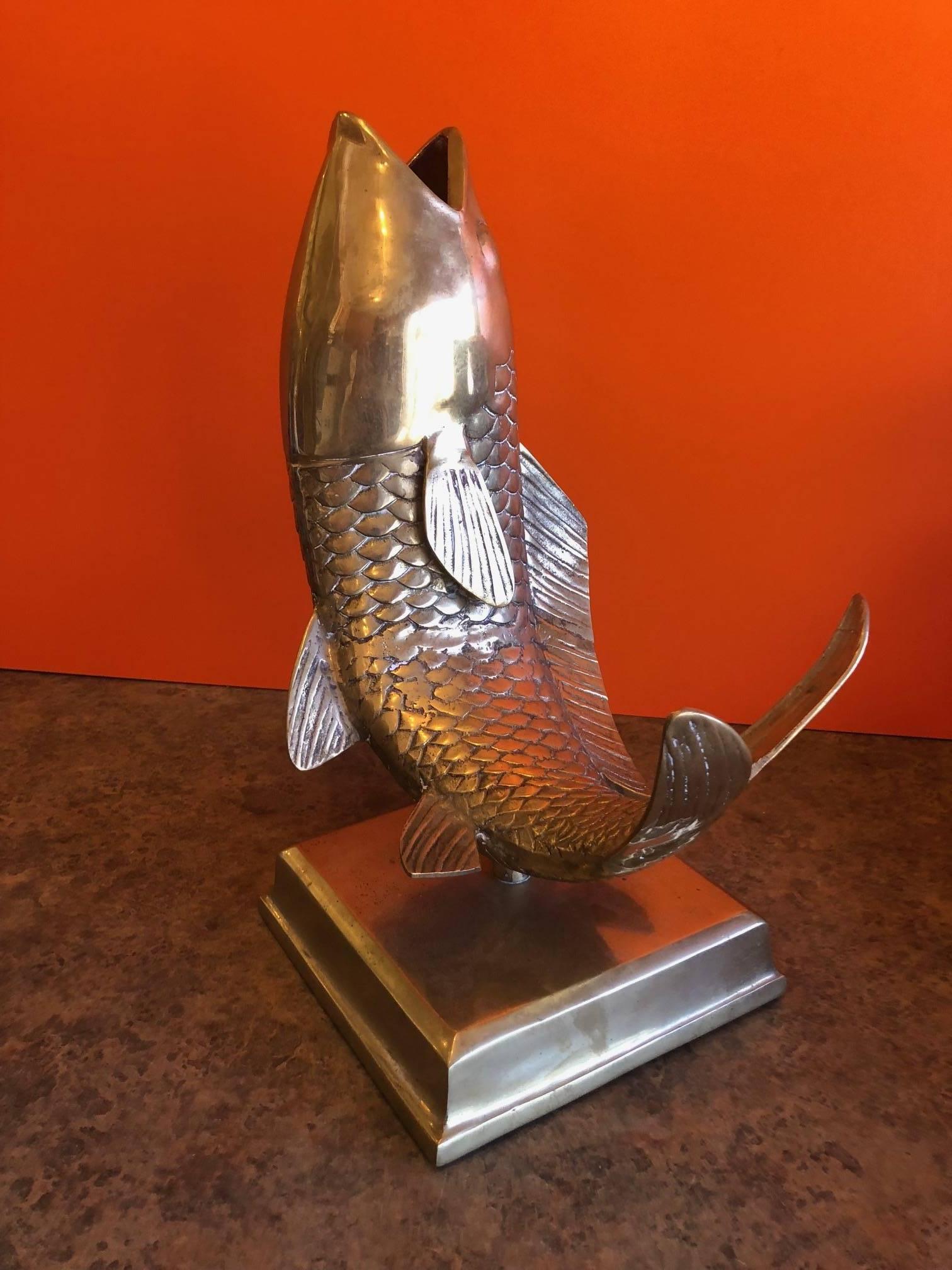 Cast Solid Brass Koi Fish on Base Sculpture or Vase