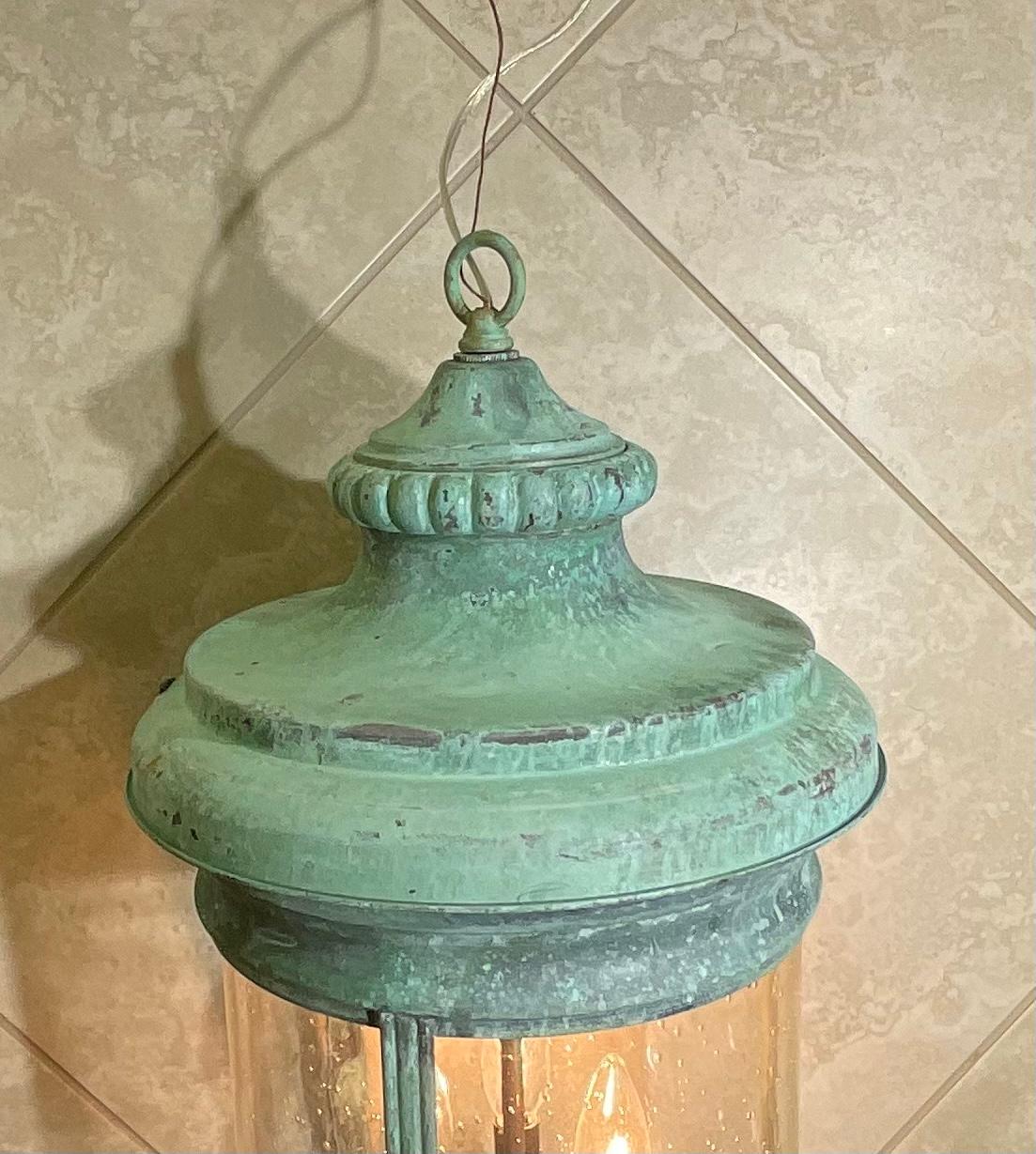 Solid Brass Lantern Hanging Pendant with Handblown Circular Glass For Sale 8