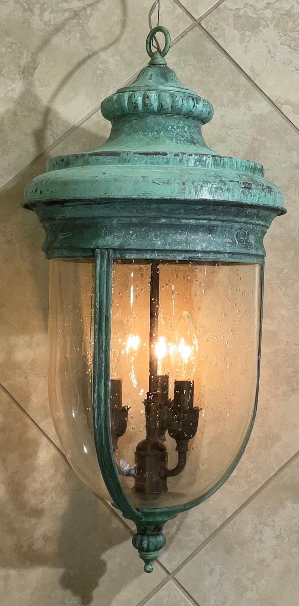 Solid Brass Lantern Hanging Pendant with Handblown Circular Glass For Sale 4