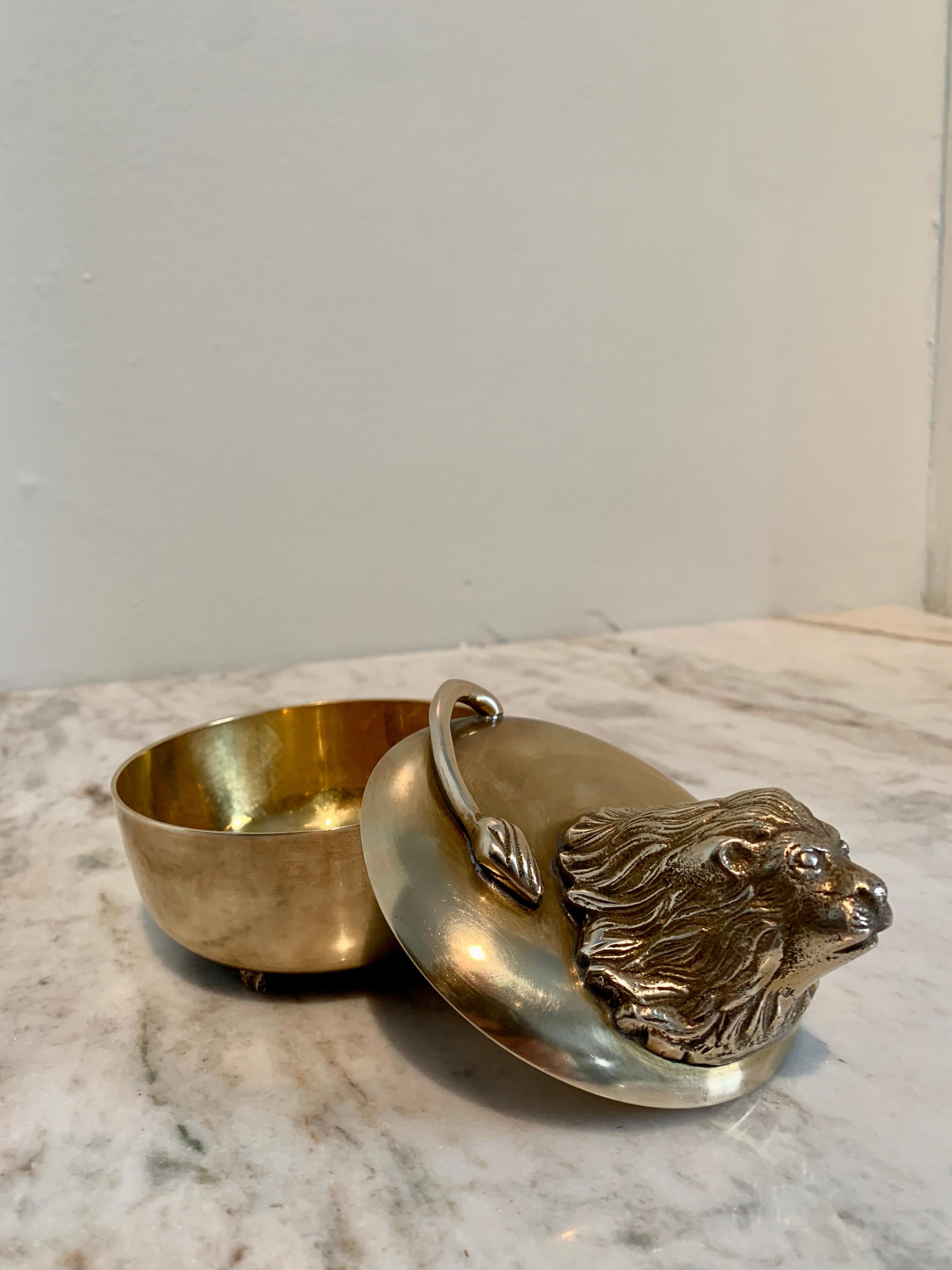 Mid-Century Modern Solid Brass Lion Stash Box with Feet