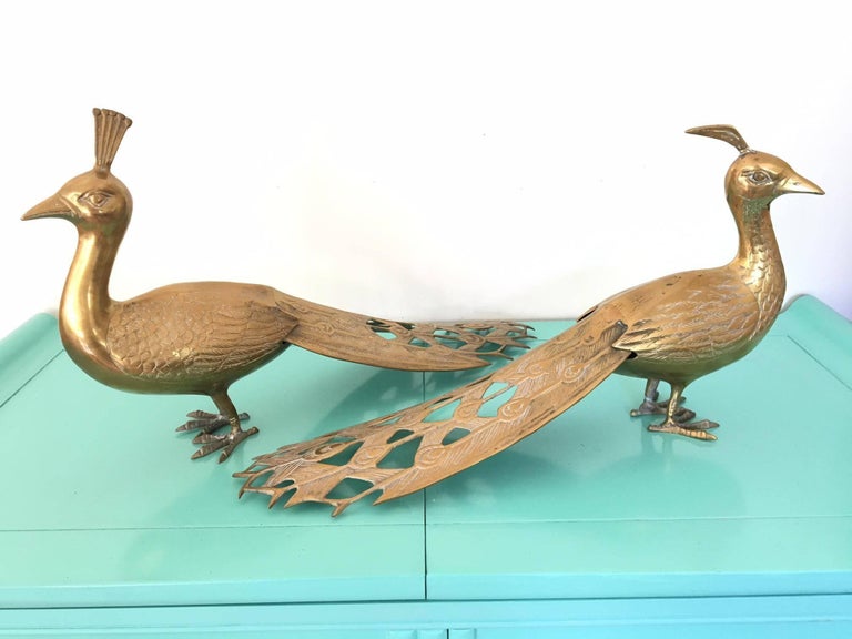 Solid Brass Male and Female Peacock Statues at 1stDibs