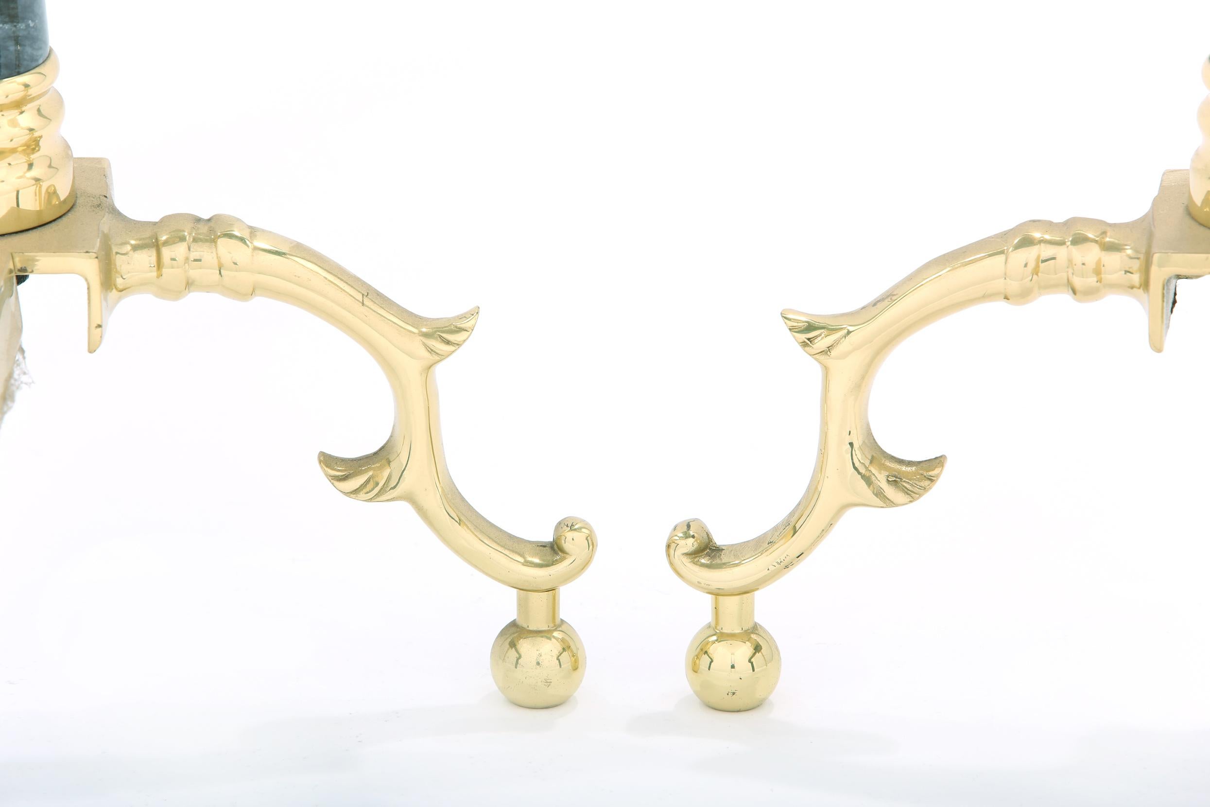 Gilt Solid Brass / Marble Pair Regency Style Andirons