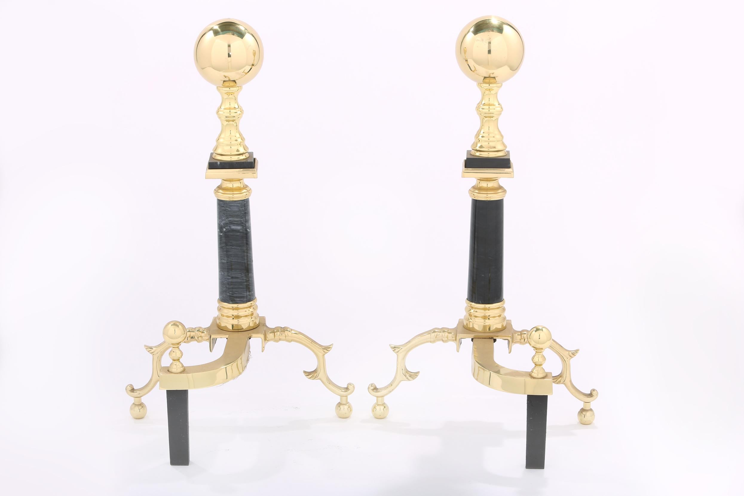20th Century Solid Brass / Marble Pair Regency Style Andirons