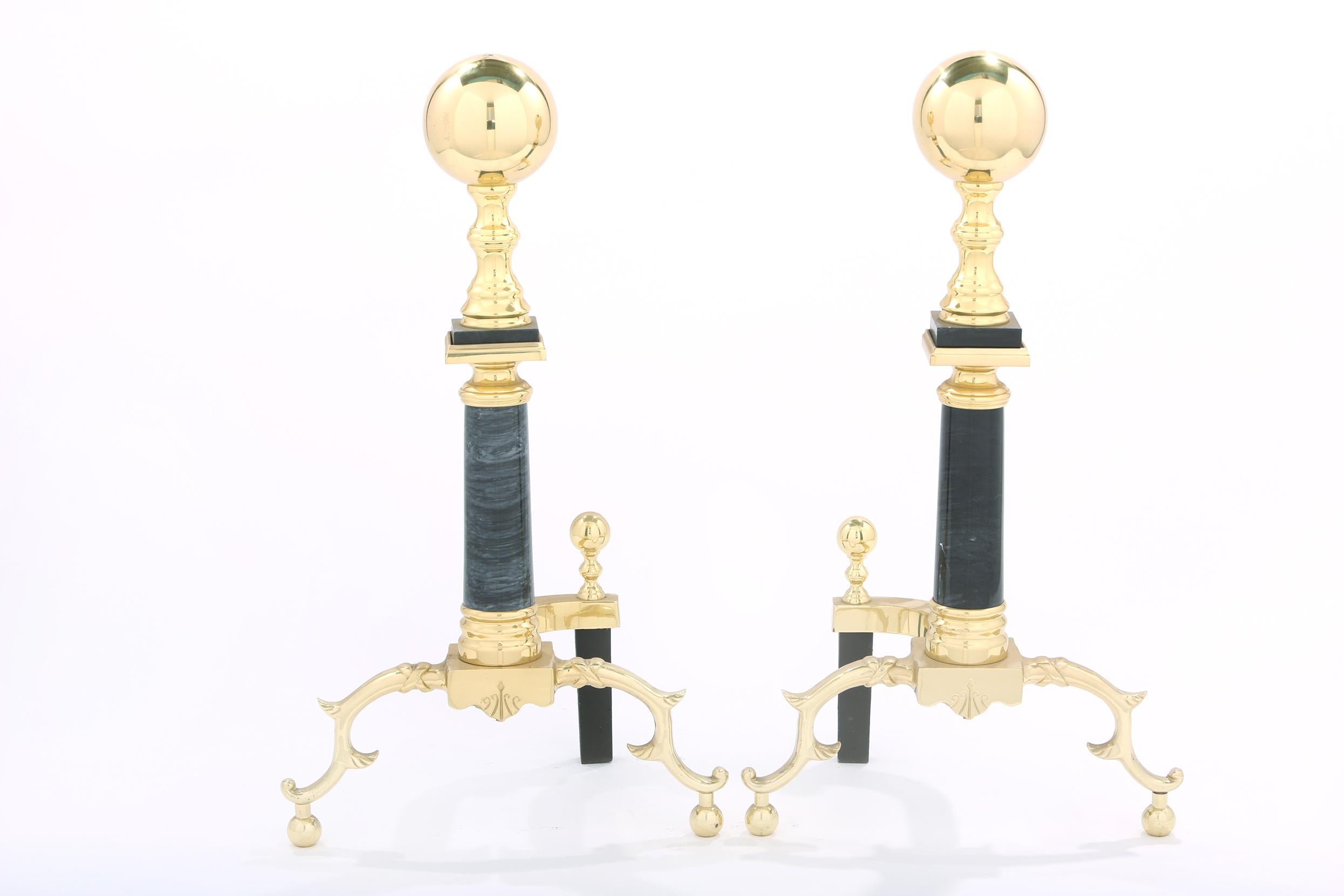 Solid Brass / Marble Pair Regency Style Andirons 2