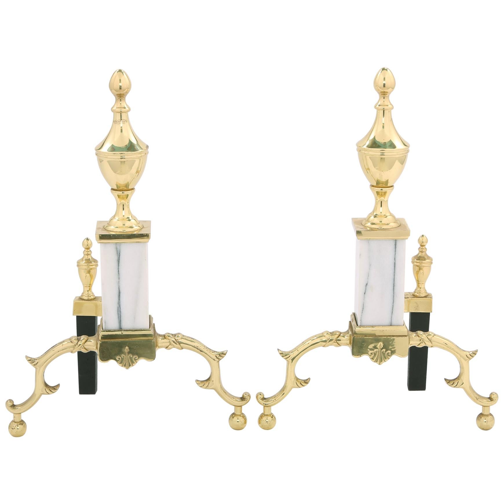 Solid Brass / Marble Pair Regency Style Andirons 