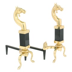 Solid Brass / Marble Pair Regency Style Andirons