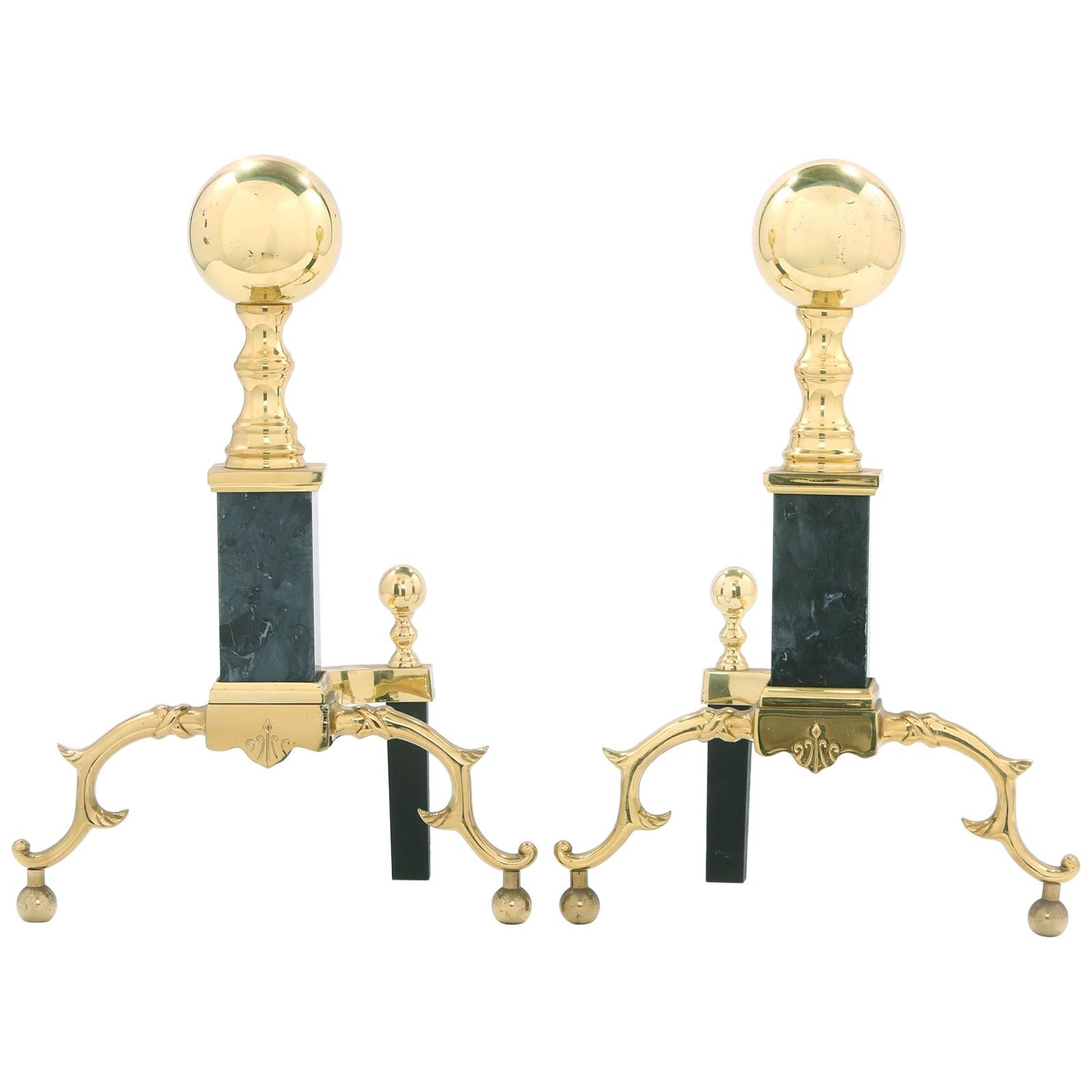 Solid Brass / Marble Pair Regency Style Andirons