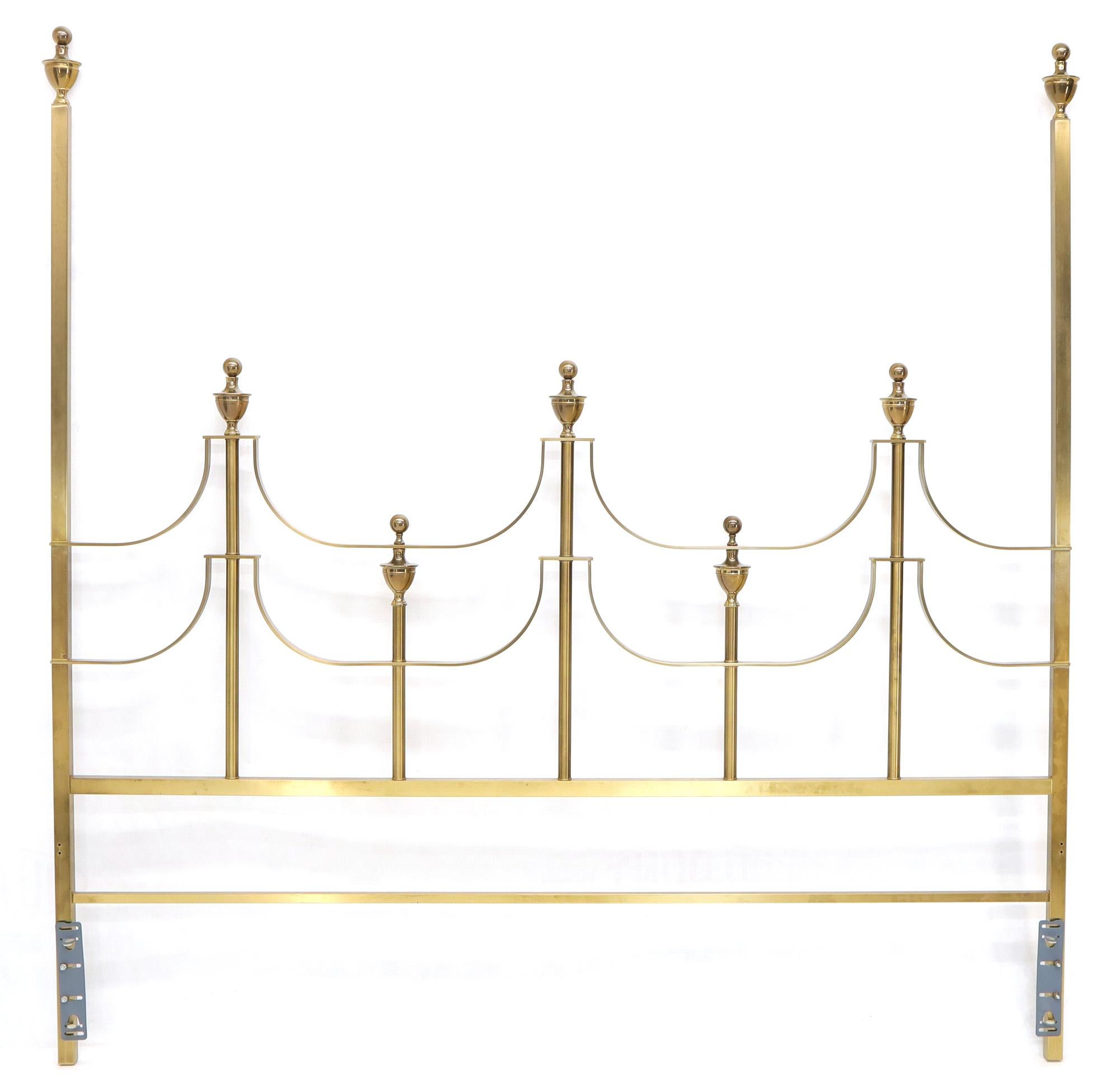 Mid-Century Modern solid brass headboard king bed by Mastercraft with cup shape finials.
