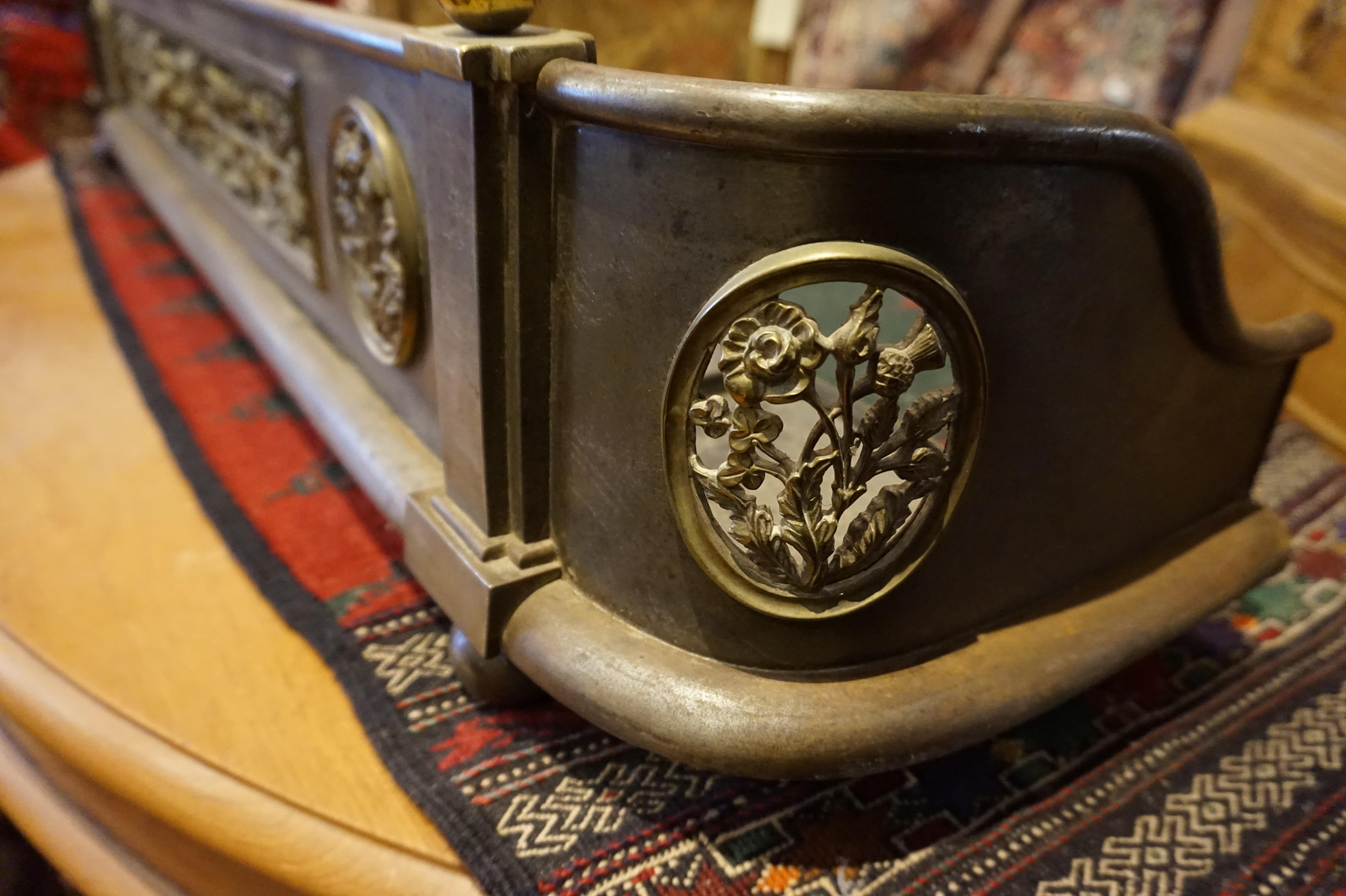 Solid Brass & Metal Victorian Fireplace Fender Surround with Floral Encasements For Sale 5