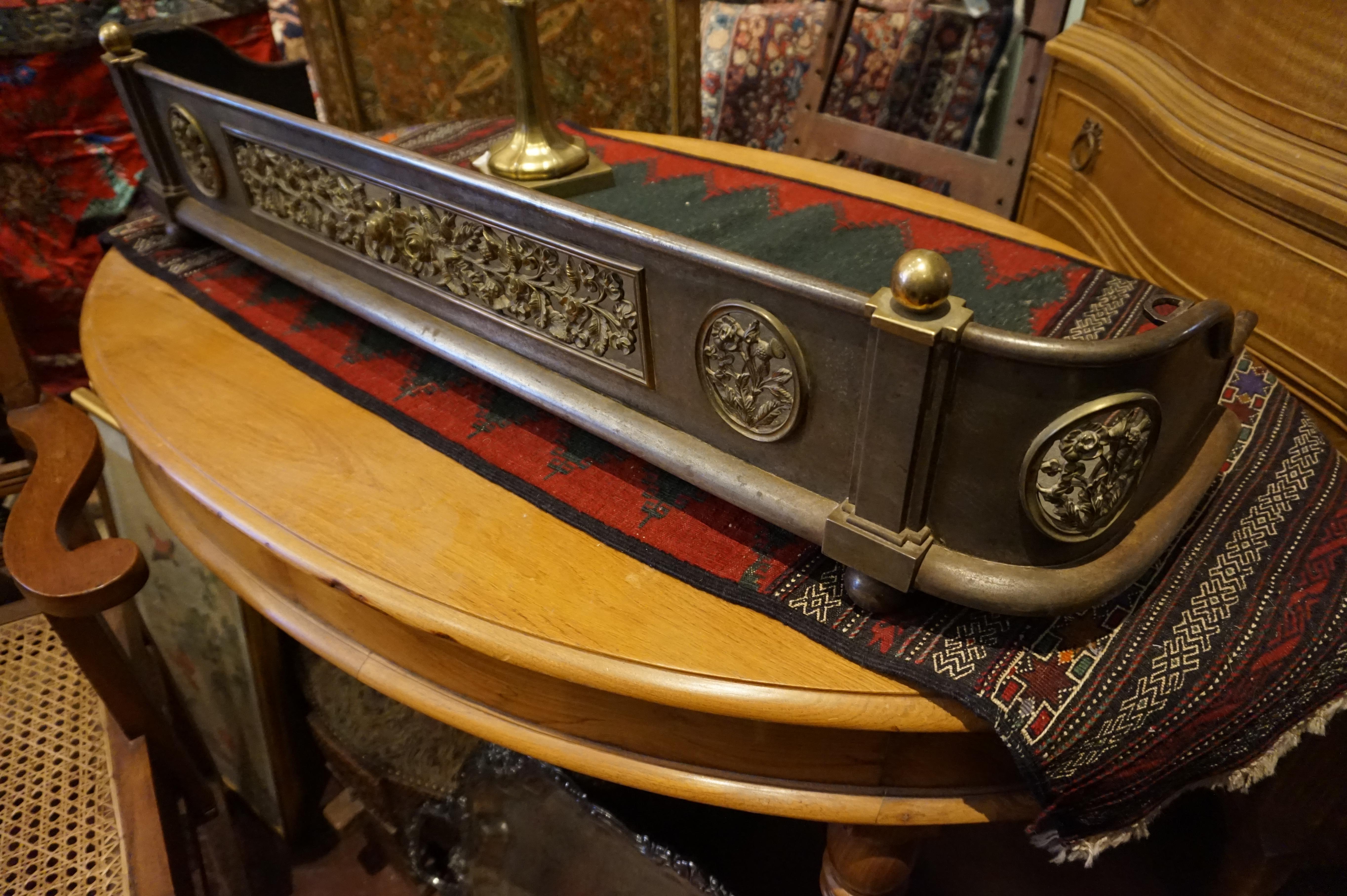 English Solid Brass & Metal Victorian Fireplace Fender Surround with Floral Encasements For Sale