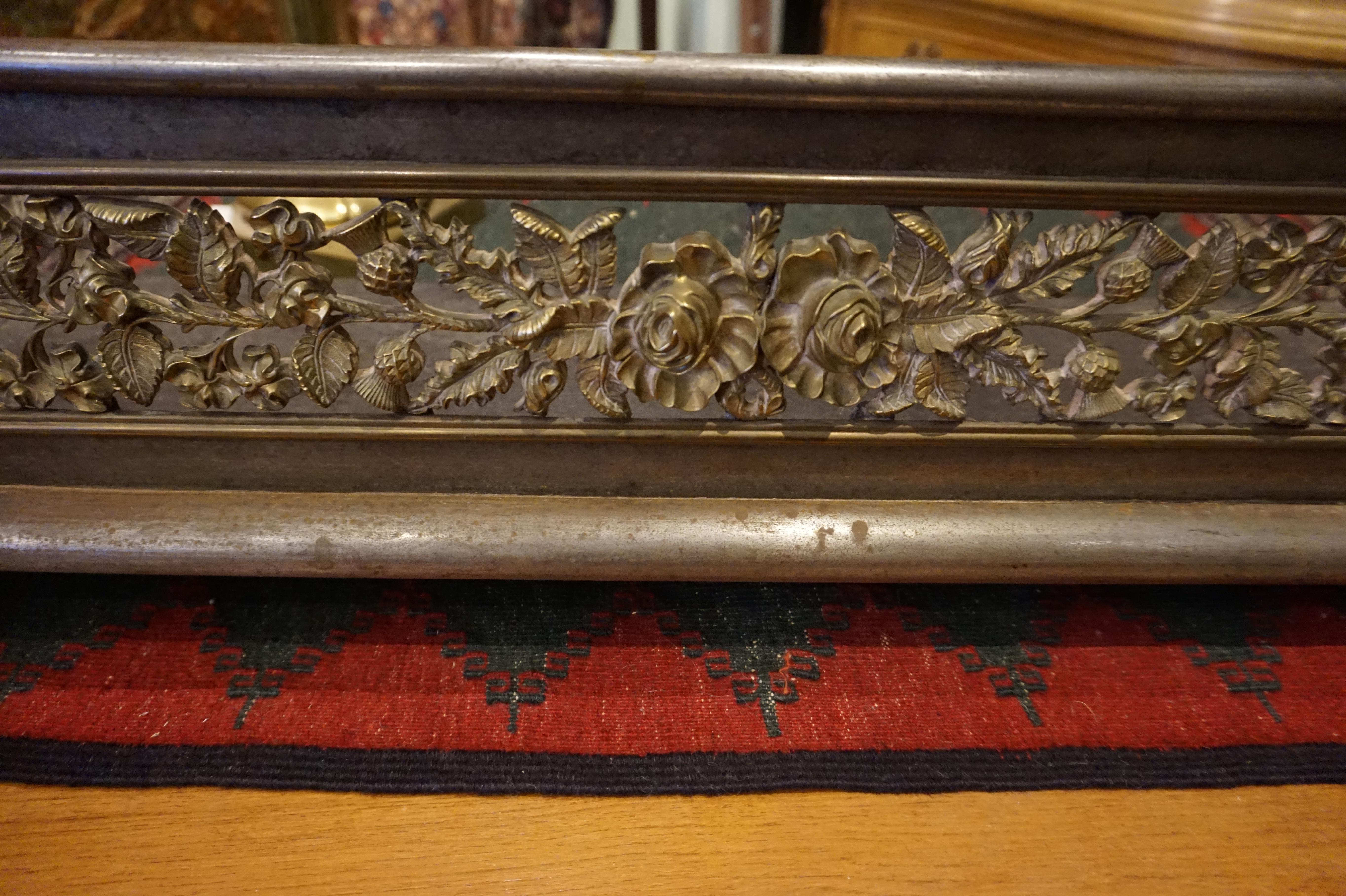 19th Century Solid Brass & Metal Victorian Fireplace Fender Surround with Floral Encasements For Sale