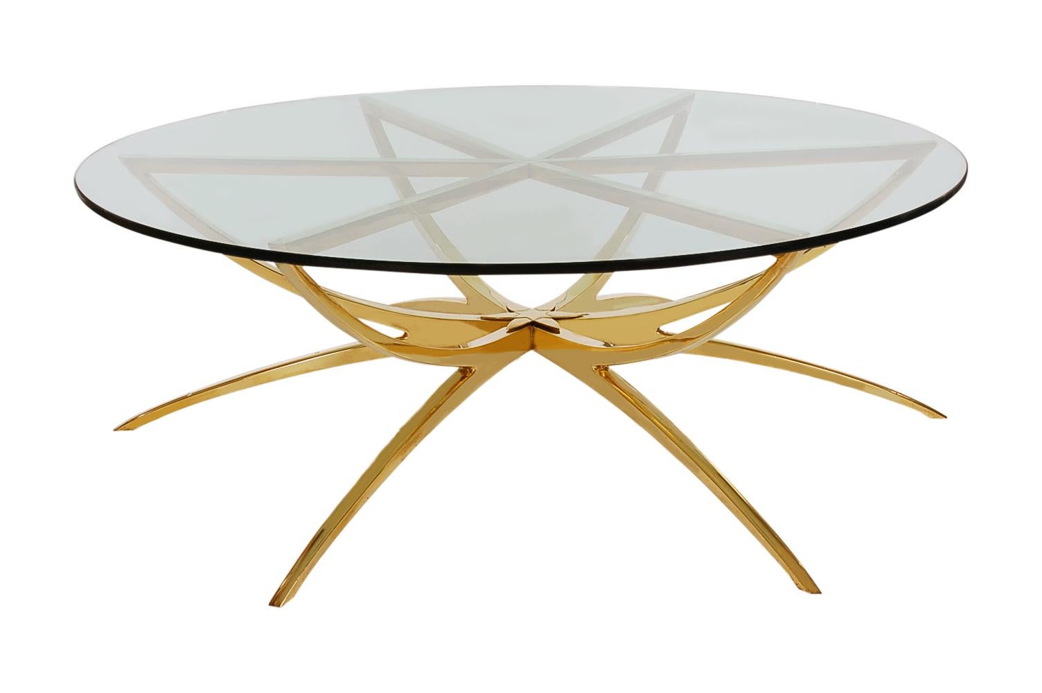 Solid Brass Midcentury Italian Modern Round Glass Top Spider Cocktail Table In Excellent Condition For Sale In Philadelphia, PA