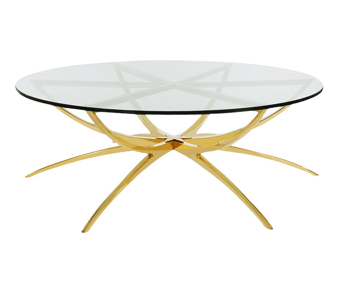 Solid Brass Midcentury Italian Modern Round Glass Top Spider Cocktail Table For Sale 1
