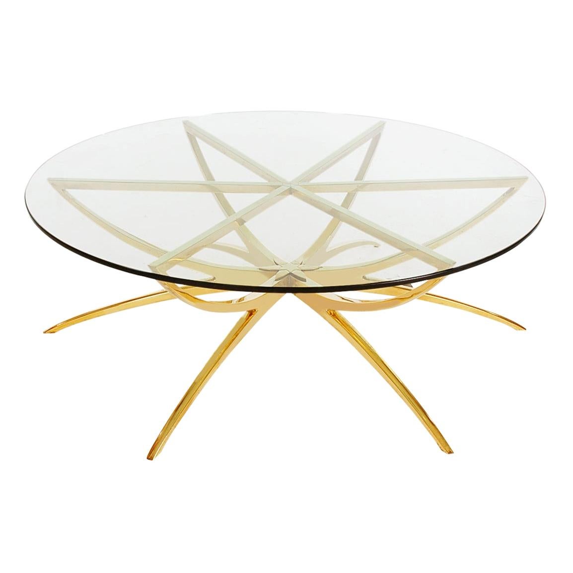 Solid Brass Midcentury Italian Modern Round Glass Top Spider Cocktail Table